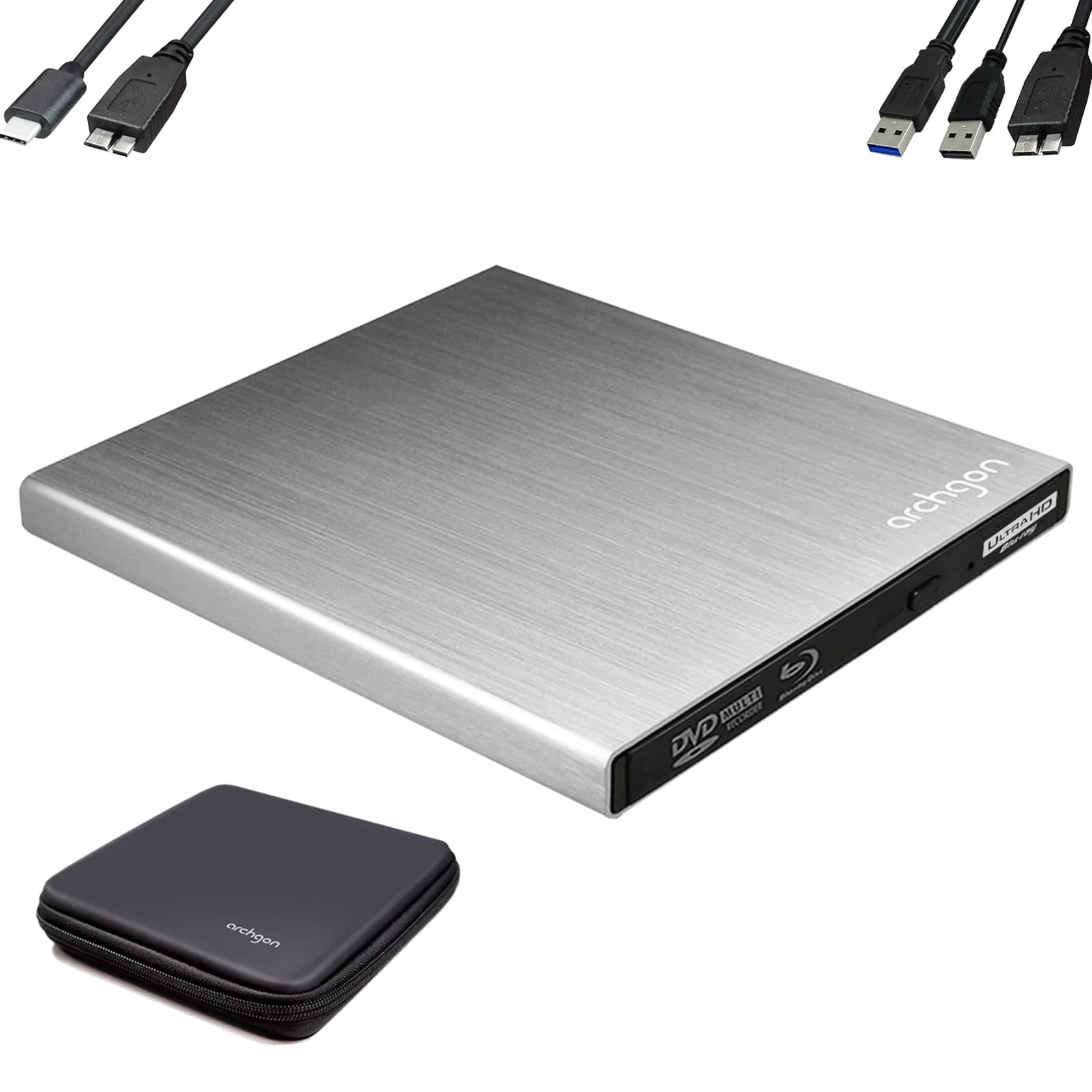 Archgon Star UHD Esterno Lettore 4K-Ultra HD BD Player, Masterizzatore Blu-ray BDXL Burner per PC USB 3.0 USB-C, M-Disc, Cassetto per il caricamento del disco, Box di protezione, Alluminio Argento