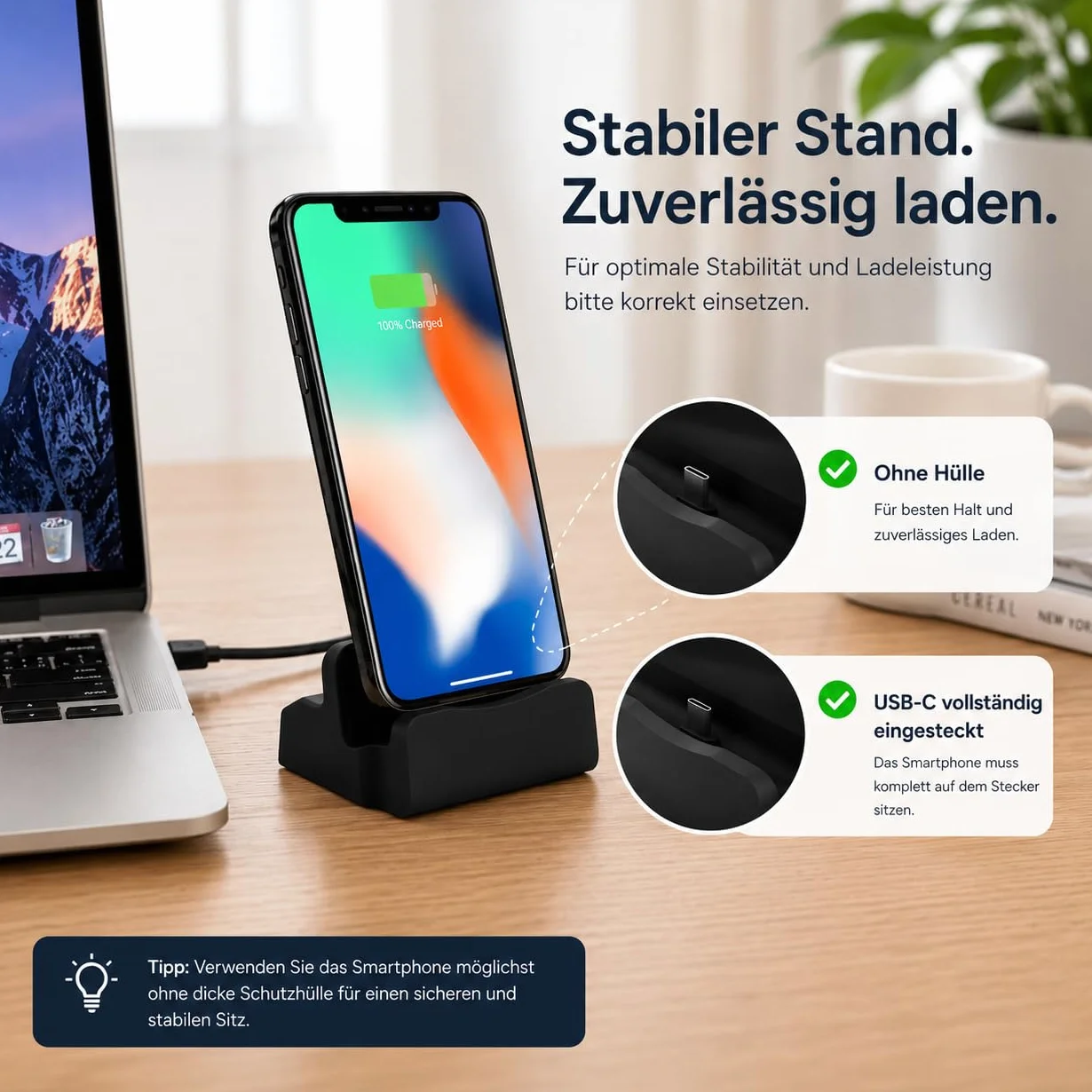 P59CS Bolwins USB Type-C - Docking station con cavo da 1 m - Stazione di ricarica da scrivania - Docking station per smartphone con porta USB-C - Sincronizzazione e ricarica - 5 V - Nero
