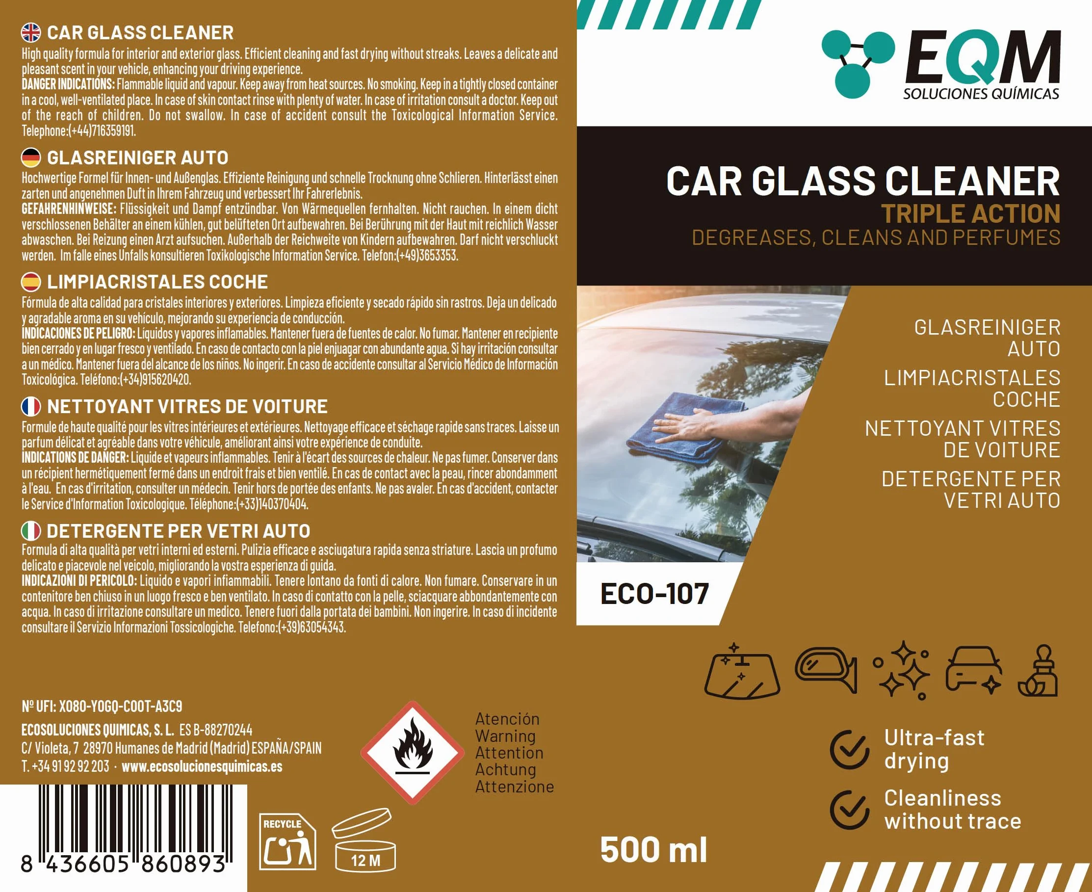 Detergente Vetri Auto ECO-107 500 ML - Detergente per Vetri Interni ed Esterni