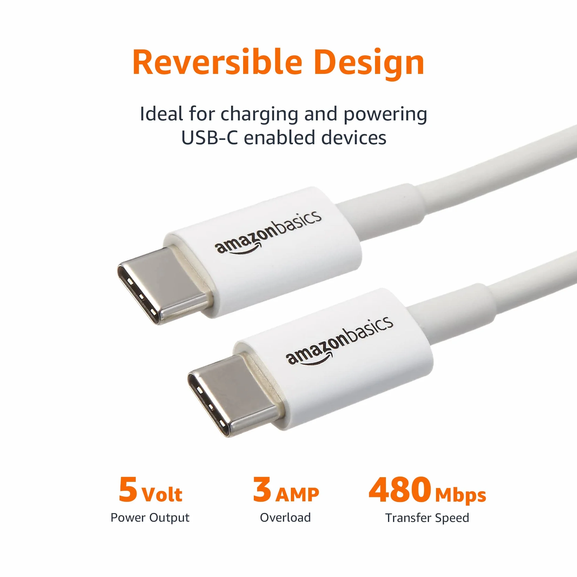 Amazon Basics Cavo di ricarica rapida USB-C a USB-C 480 Mbps certificato USB-IF 1.8 m bianco