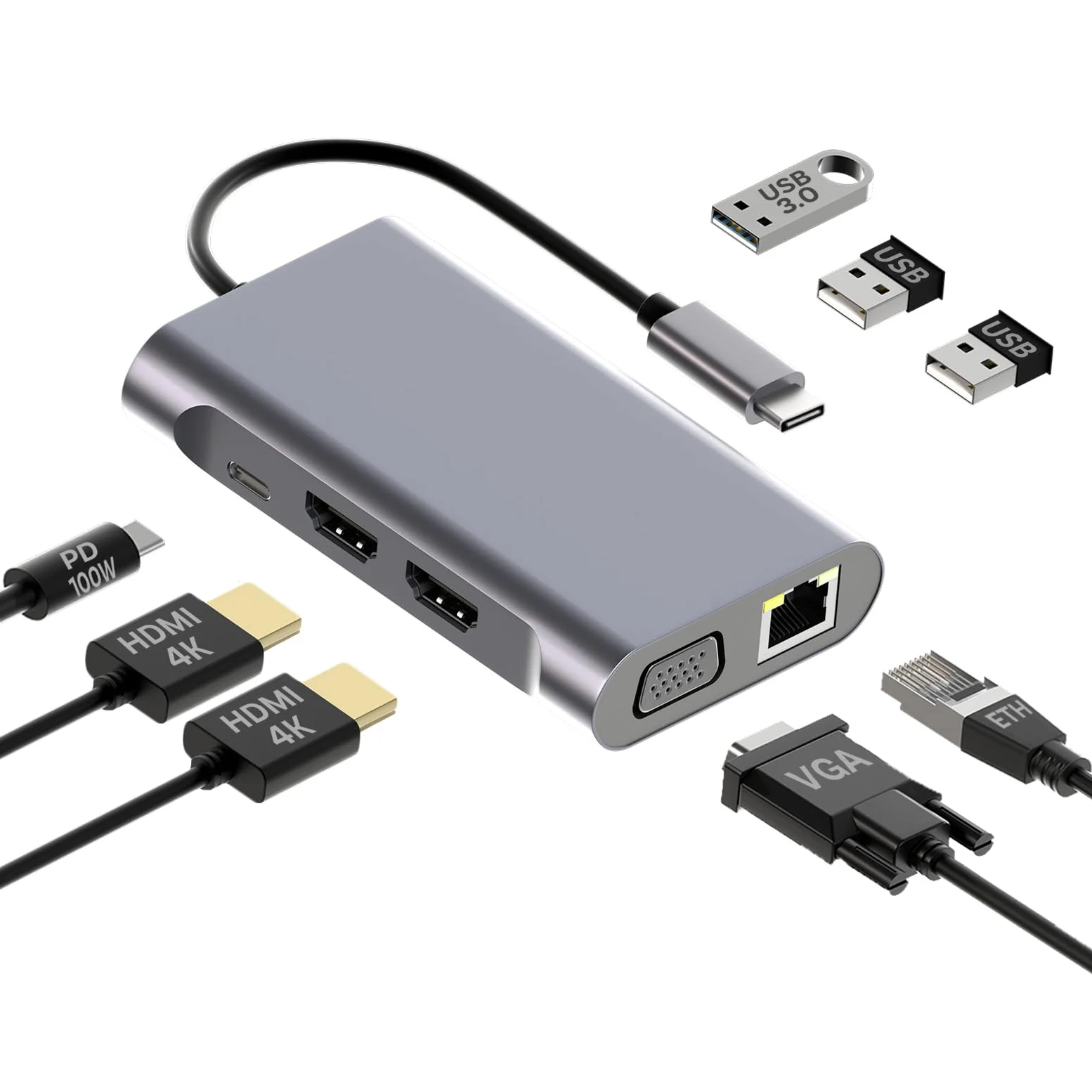 MMOBIEL Hub da USB-C a Doppio HDMI - Adattatore 8-in-1 USB-Hub e 100W PD - Docking Station per USB 3.0, 2x USB 2.0, 2x HDMI, VGA, PD e ETH - Triplo display per laptop, smartphone ecc. - Alluminio