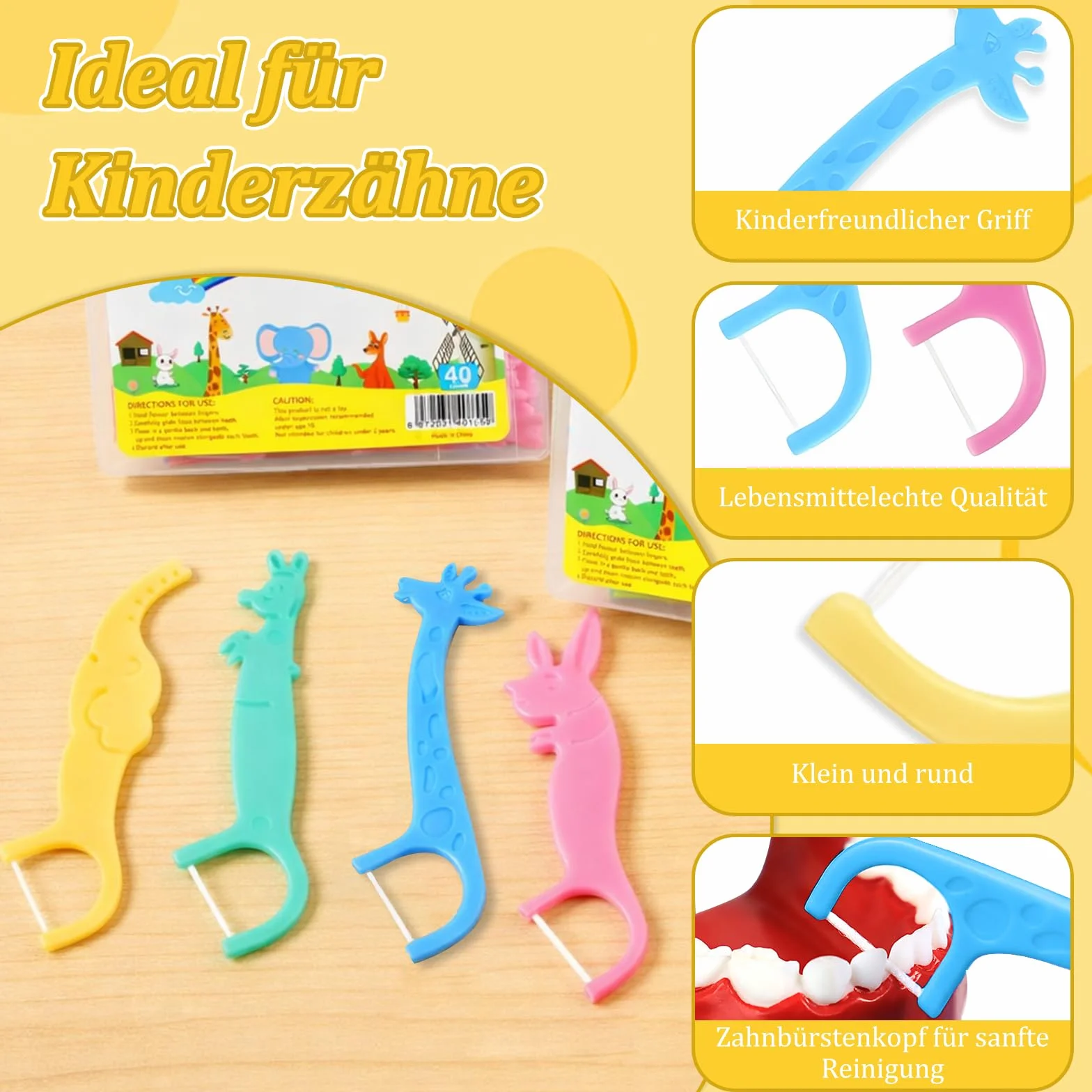 Filo interdentale per bambini 160 pezzi con manico antiscivolo animali colorati