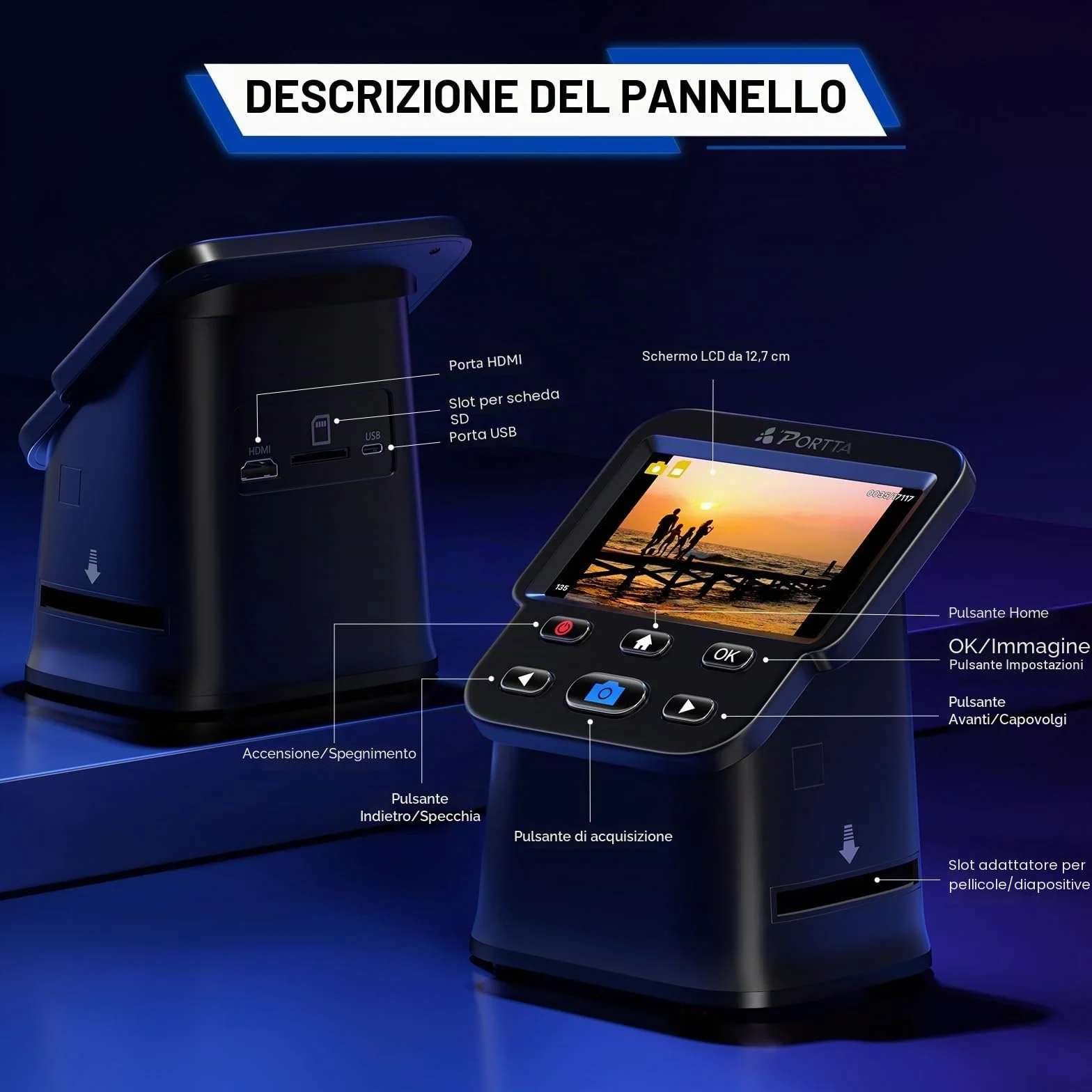 PORTTA Film Scanner 5" LCD Screen 22MP Slide Negative Scanner 135 126 110 Film Digital Converter HDMI SD Card