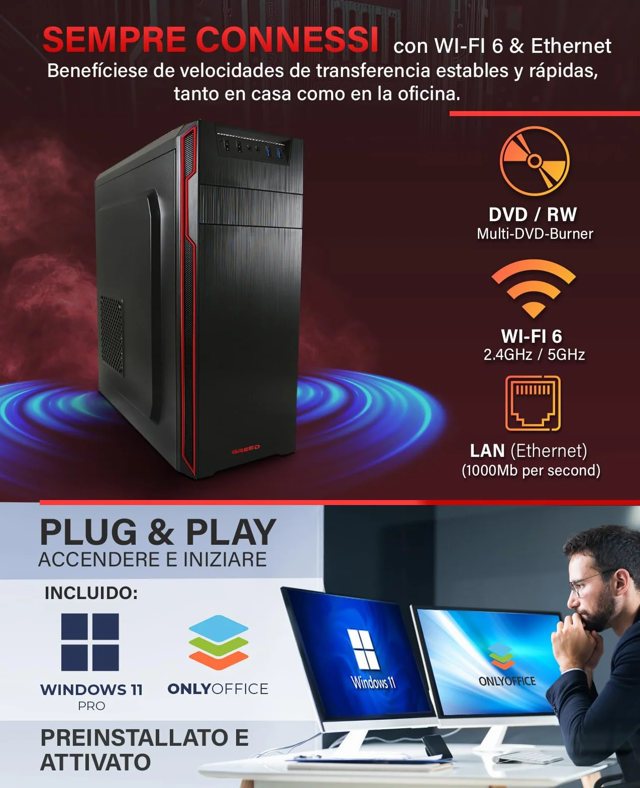 GREED® Ultra V2 PC fisso AMD Ryzen 7 5700G 8 Core - Desktop veloce computer per ufficio e casa con 4,6 GHz, 16 GB RAM/Memoria - Disco SSD da 1 TB + HDD da 1 TB - DVD+RW - USB3.1 - Wi-Fi, incl. W11 Pro