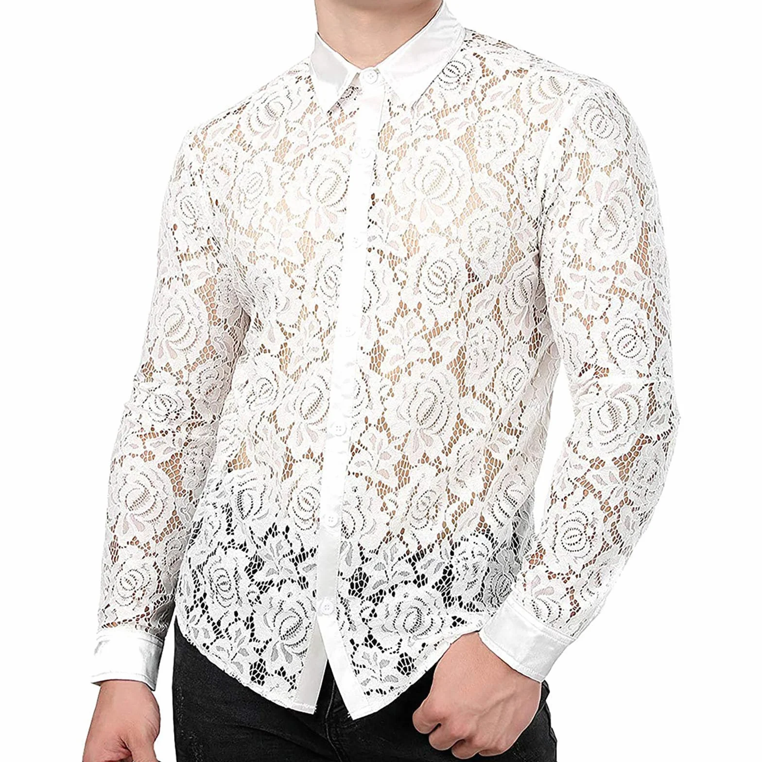 Camicia da uomo trasparente in pizzo maniche lunghe slim fit punk elegante