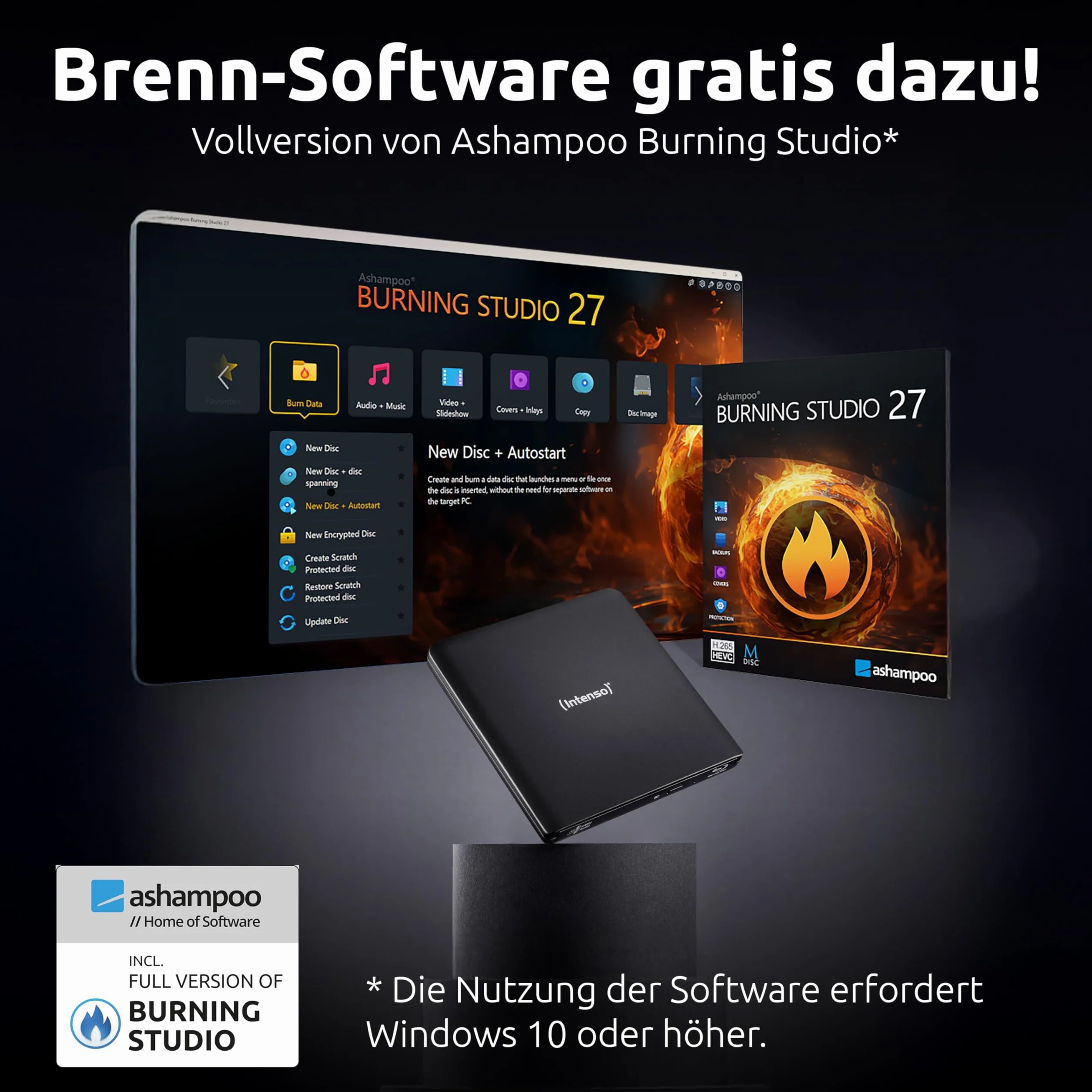 Intenso Unità esterna Blu-ray EOD 500BD Slim, USB 3.2, per laptop, desktop, iMac, MacBook, Windows, MacOS, con software di masterizzazione gratuito Ashampoo Burning Studio, nero