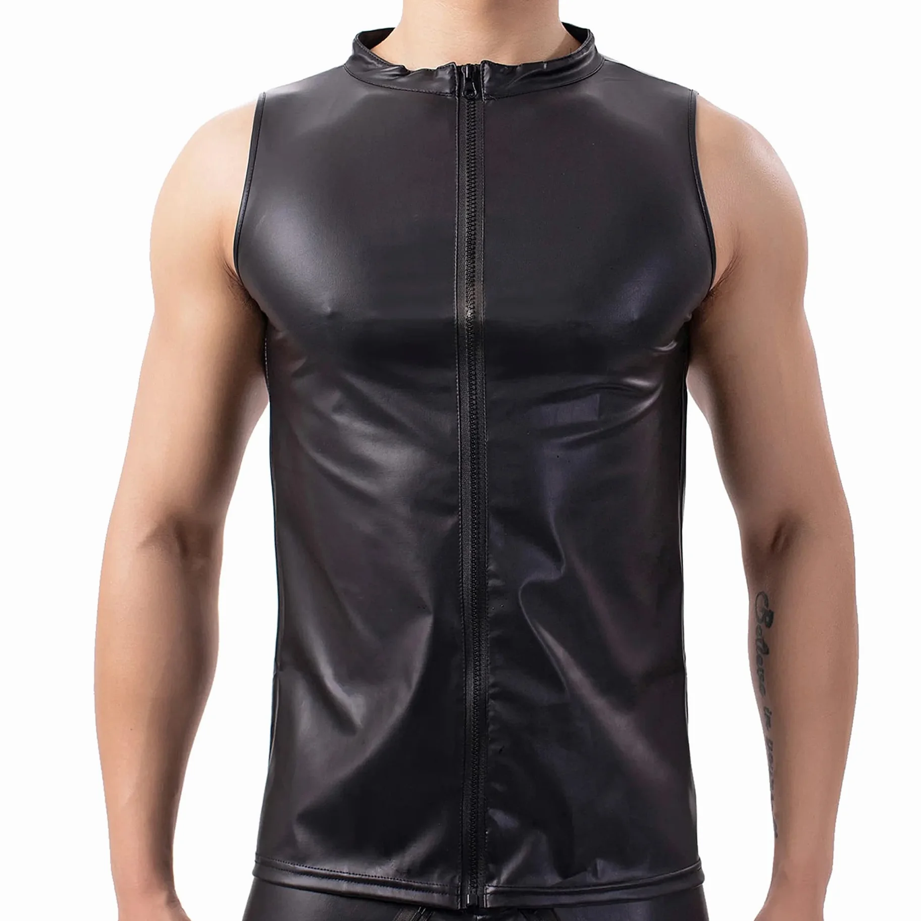 Maglietta da uomo in lattice nero effetto bagnato senza maniche pelle opaca erotica