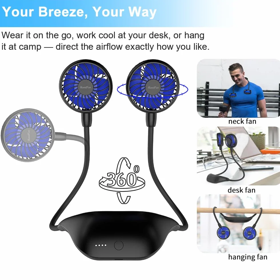 HandFan Ventilatore Collo Portatile,10000mAh USB Ventilatore,Mini Doppia Ventola 360° Girevole 6 Velocità 48ore di orario di lavoro Per Viaggi,Sport