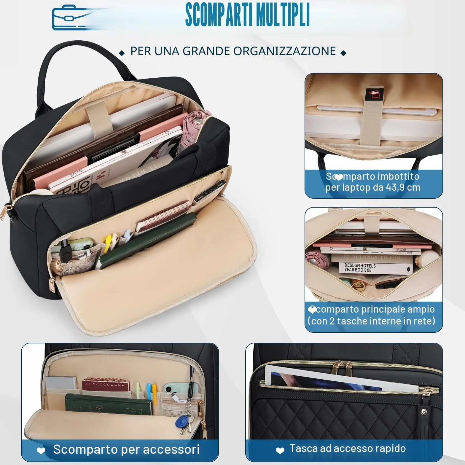 RAINSMORE Borsa Porta PC 17,3 Pollici Borsa Lavoro Donna Impermeabile Borse Computer Borse Documenti Messenger Portadocument per Università Insegnante Ufficio Nero