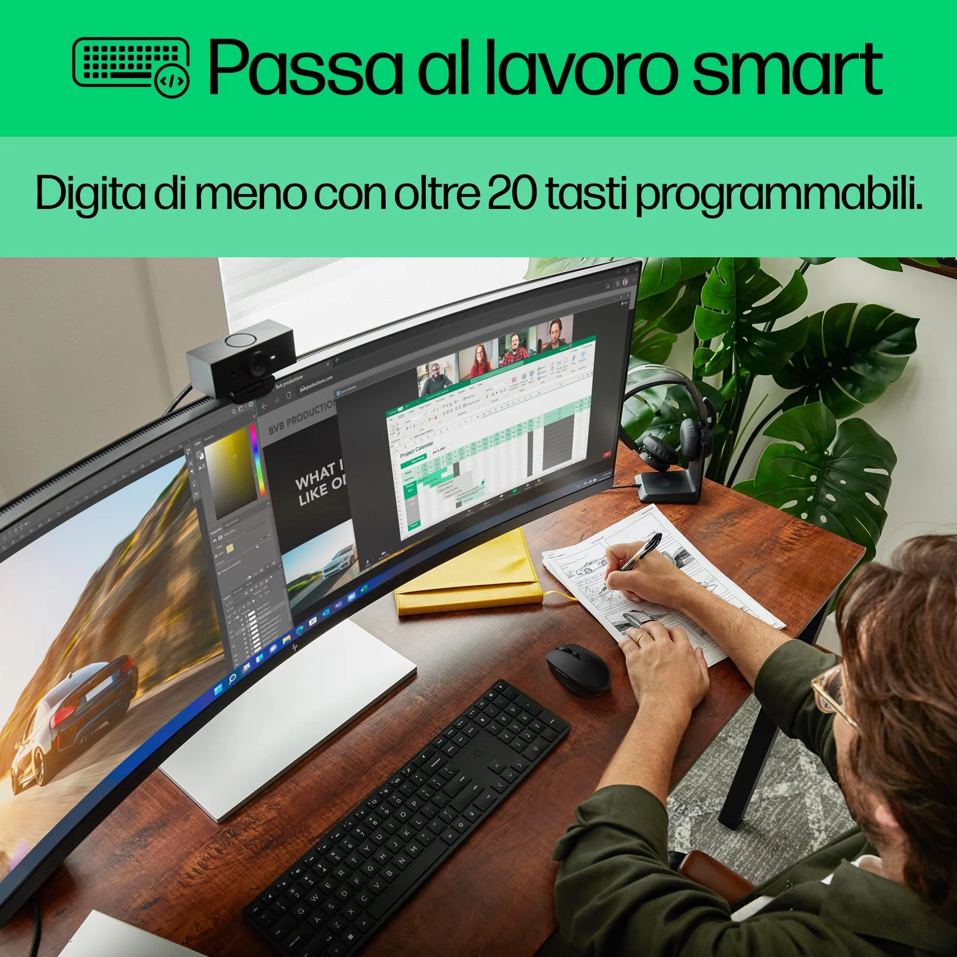 HP 650 Tastiera e Mouse Wireless con Dongle USB-A a 2,4 GHz, 20 Tasti programmabili, Piedini Regolabili con 6 Gradi Inclinazione, Tastierino Numerico, Mouse fino a 4000 DPI Personalizzabili, Nera