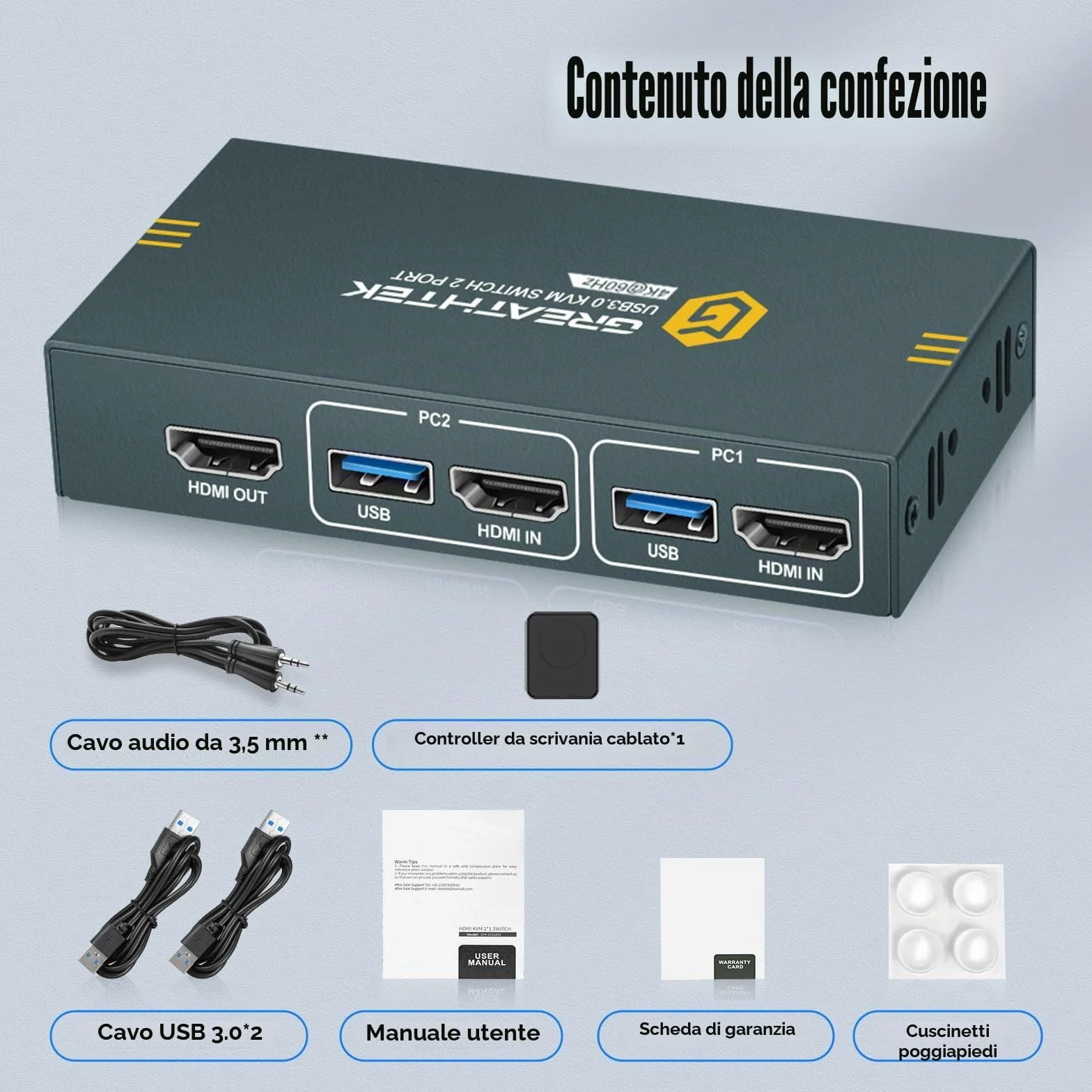 Interruttore KVM USB 3.0 HDMI 2 Porta 4K@60Hz, Interruttore KVM per 2 PC 1 - Monitor Con 3 porte USB3.0, HDMI2.0, HDCP2.2, supporto funzione EDID, inclusi 2 cavi USB 3.0