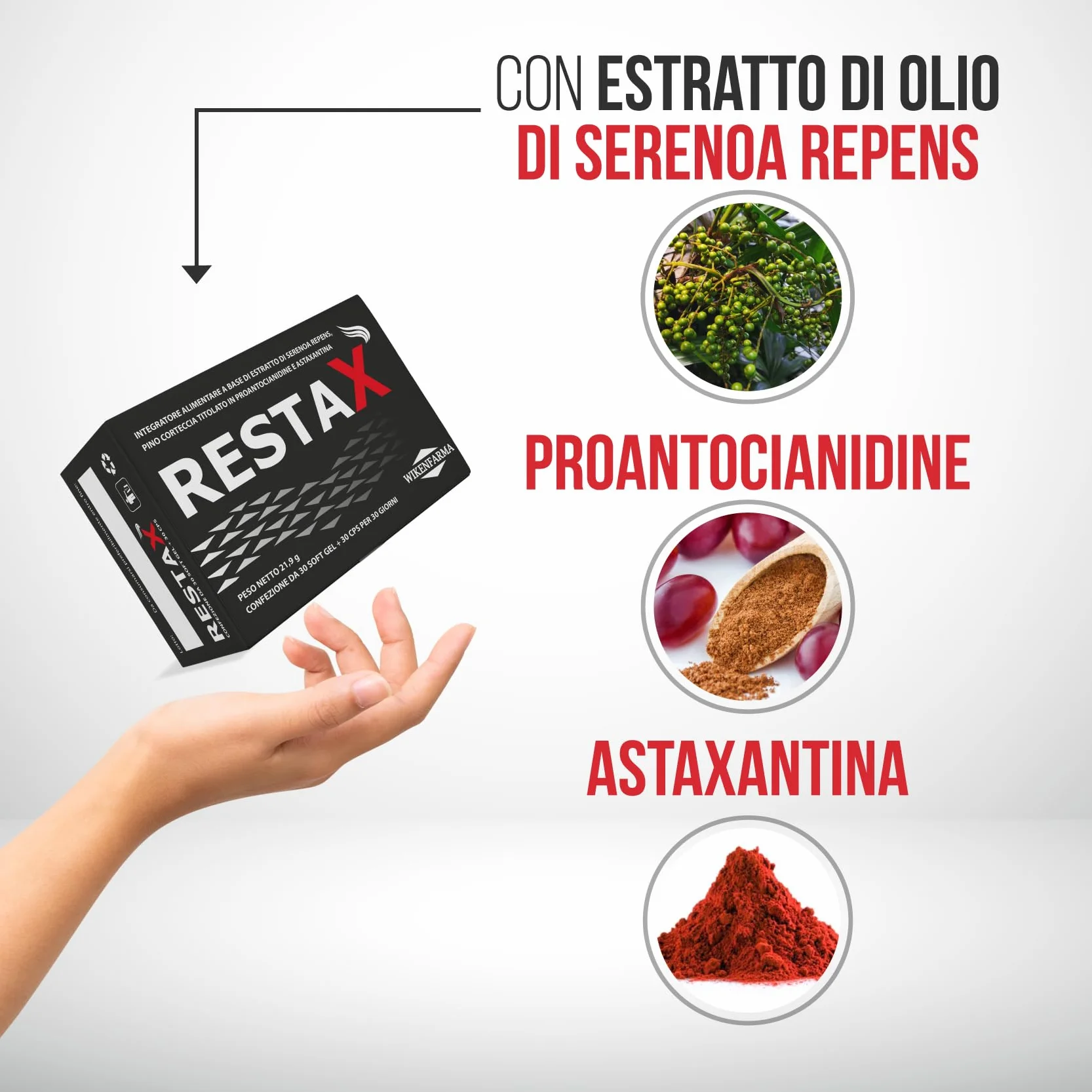 Restax 30+30 softgel per alopecia androgenetica maschile, antiandrogeno, caduta capelli, ricrescita, serenoa repens