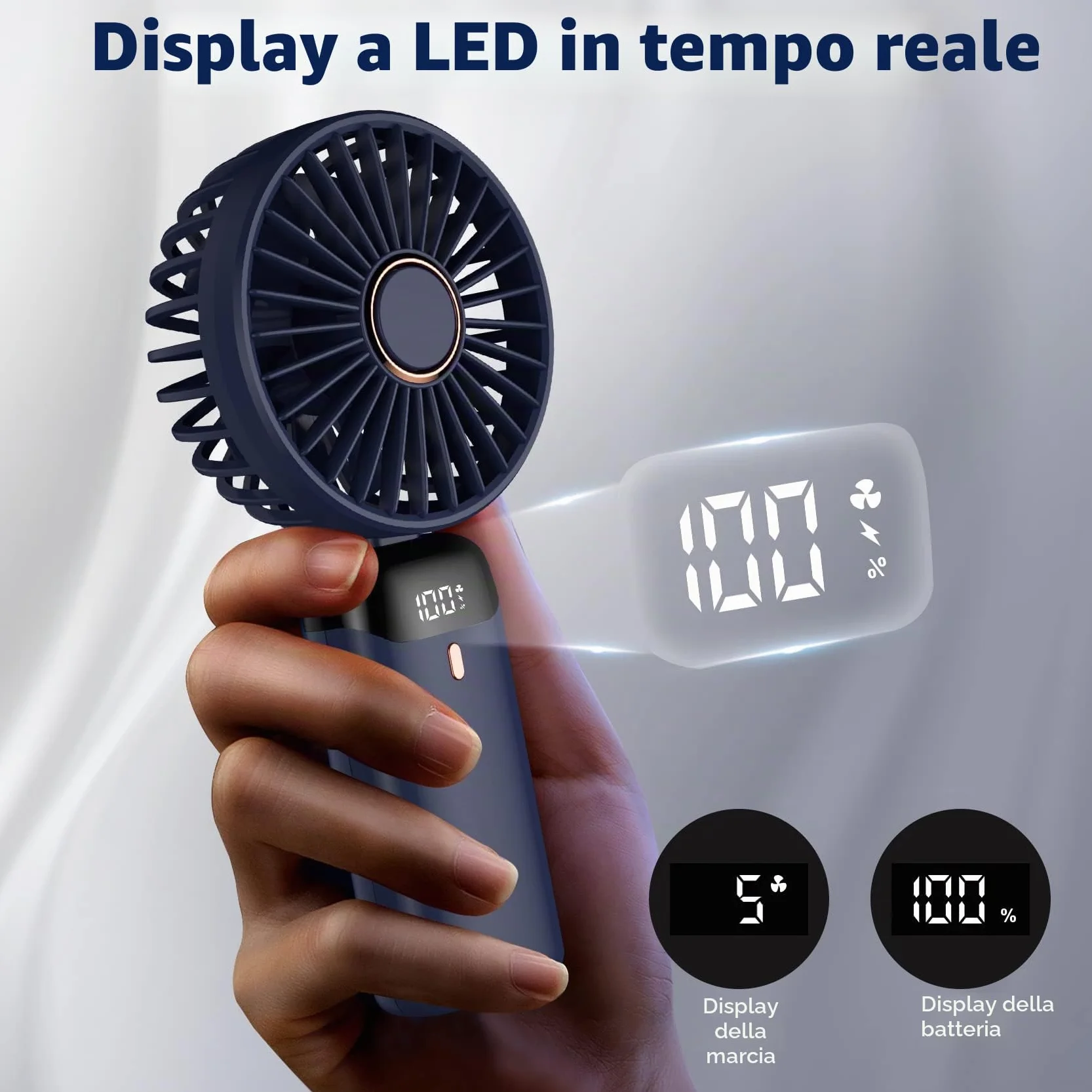 Ventilatore a mano, mini ventilatore portatile, ricaricabile, piccolo ventilatore tascabile con 5 livelli di velocità, batteria da 4200 mAh, ventilatore USB pieghevole per ufficio, all'aperto