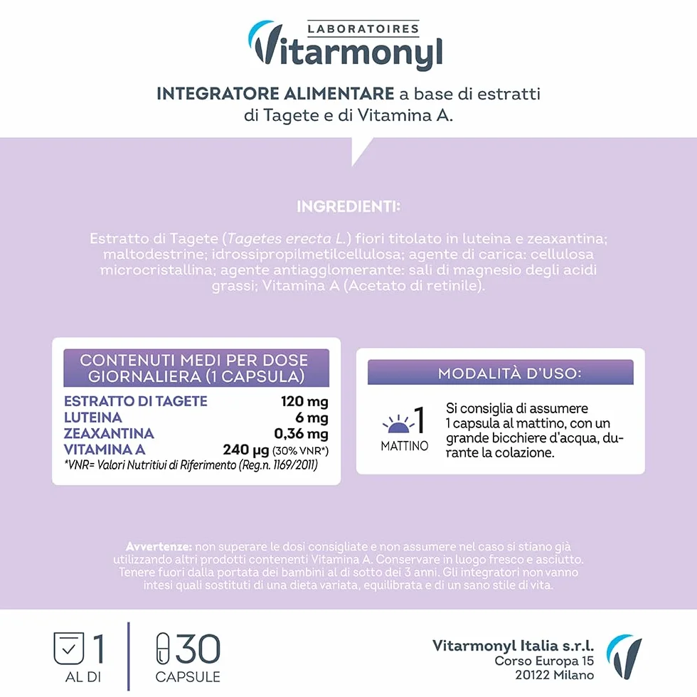 Vitarmonyl Benessere della Vista Integratore Occhi Luteina Zeaxantina 30 Capsule