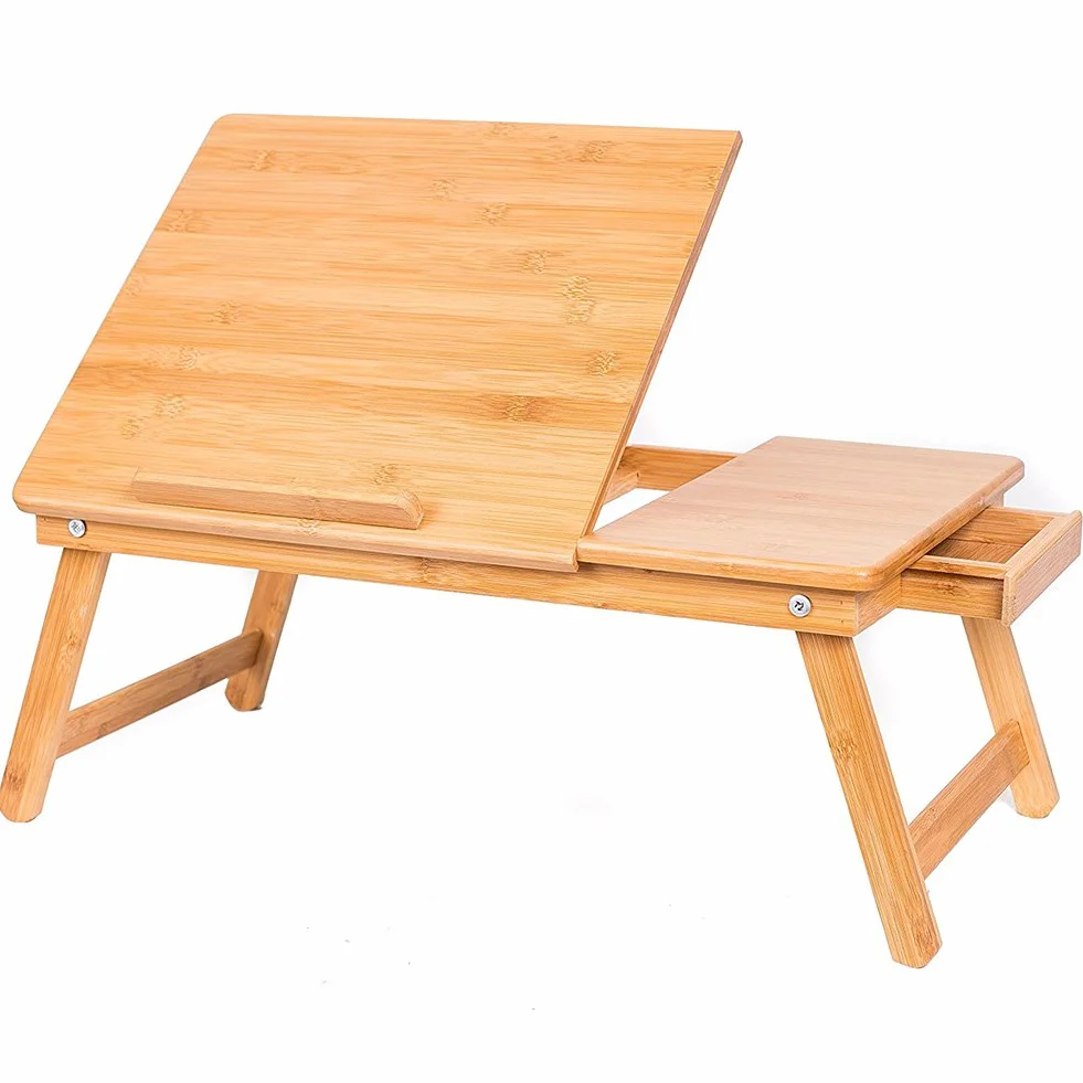 Bakaji Tavolino Vassoio Letto Artista Divano Porta Notebook Pc Tablet, con cassetro, Pieghevole in Legno Bambu Bamboo 55 x 33 x 24 cm