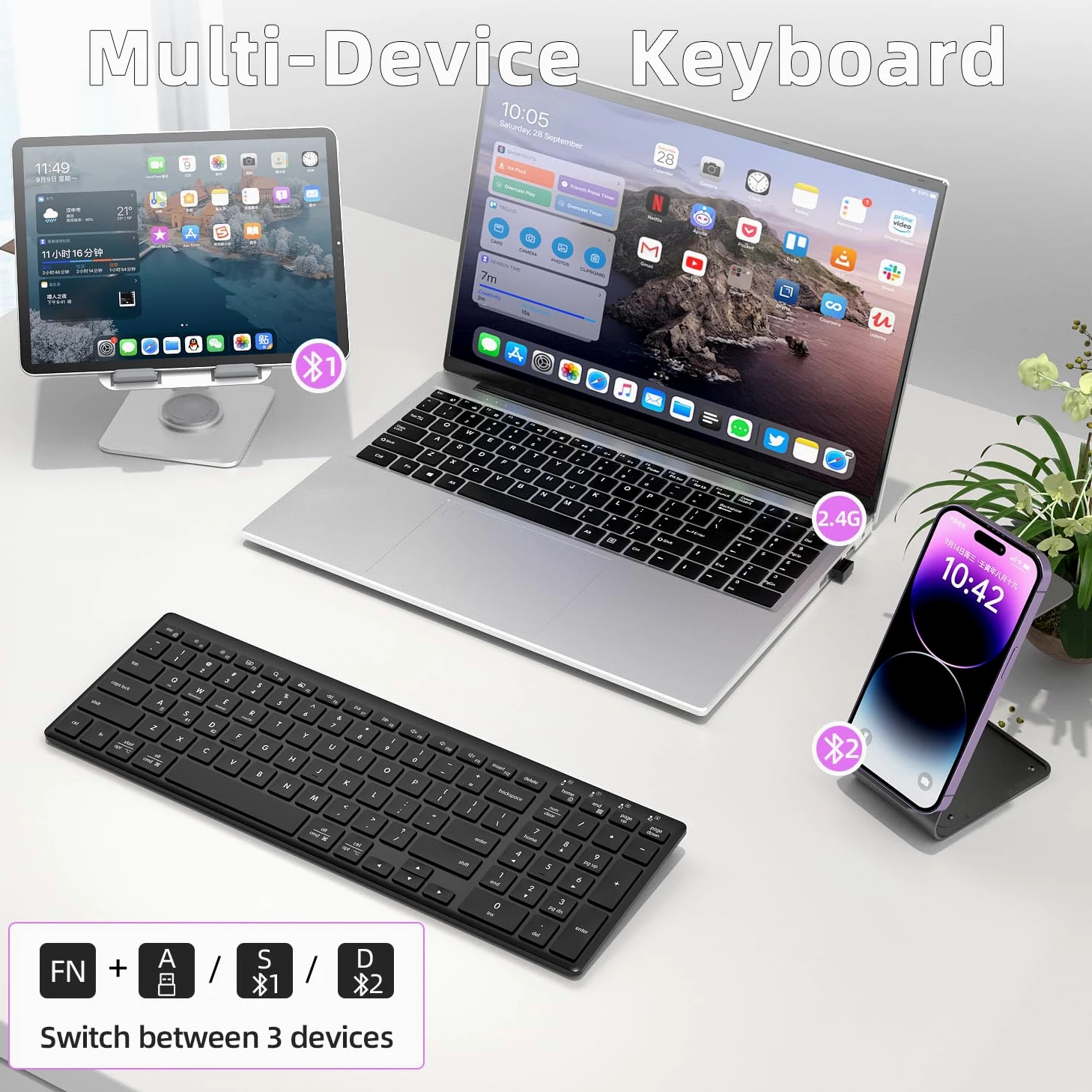 INFINMIND Tastiera Bluetooth wireless ultra sottile con compatibilità multi-dispositivo, tastierino numerico, design ergonomico, tastiera compatta per computer Windows, Mac, laptop, Android