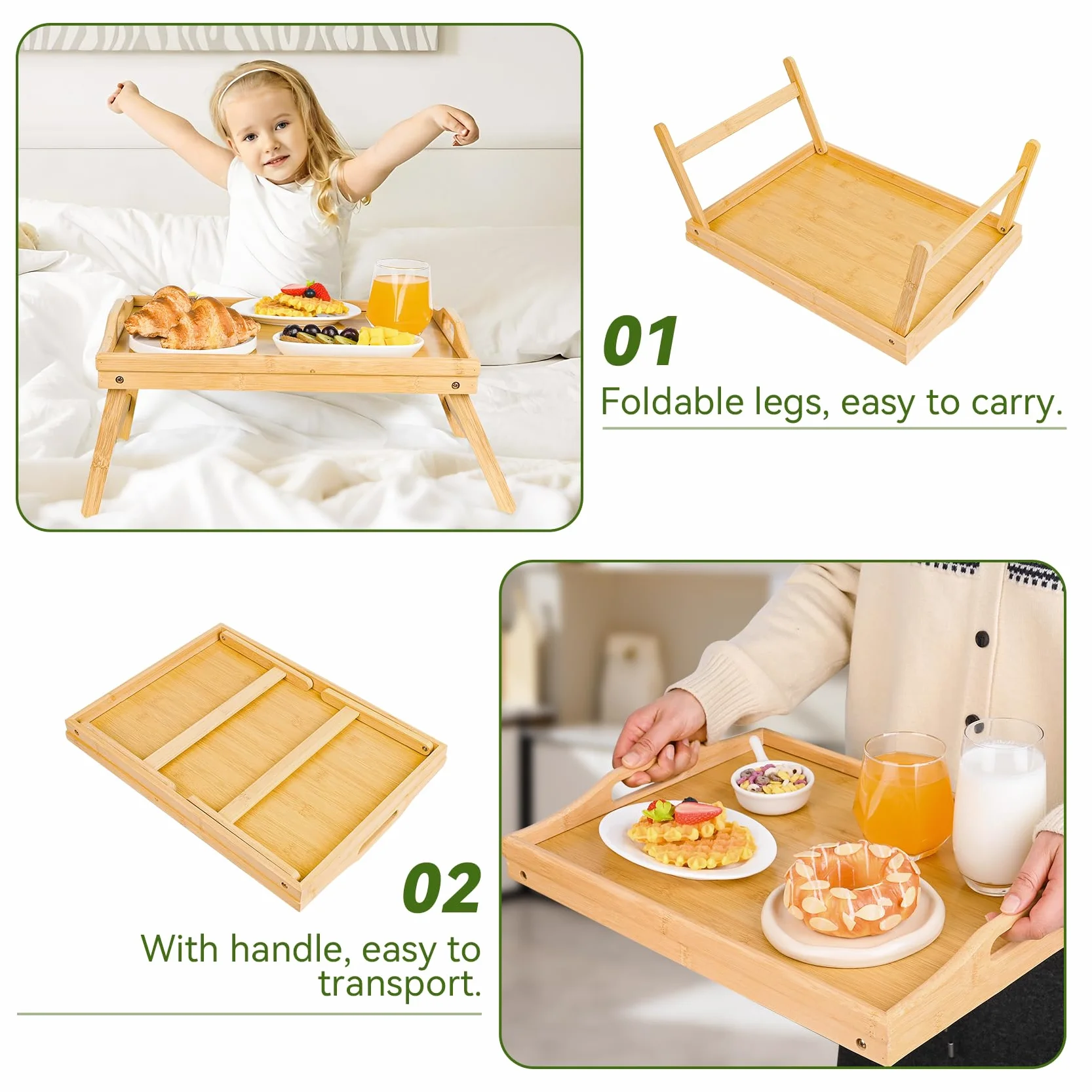 VASMIA Vassoio letto con gambe pieghevoli, per la prima colazione in bambù per mangiare, servire o usare come vassoio, scrivania portatile per laptop, vassoio per snack, Naturale