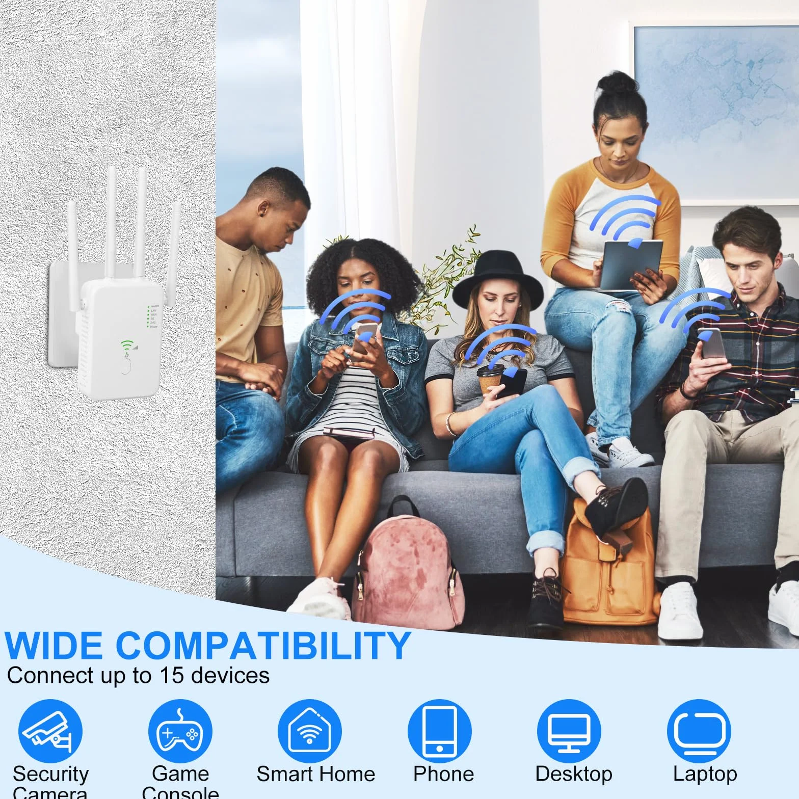 Ripetitore Wifi Potente Per Casa, Amplificatore WiFi Potente Extender WiFi 1200Mbps 5GHz & 2.4GHz Dual Band con Porta WAN, Porta LAN, Compatibile con Modem Router (Bianco)