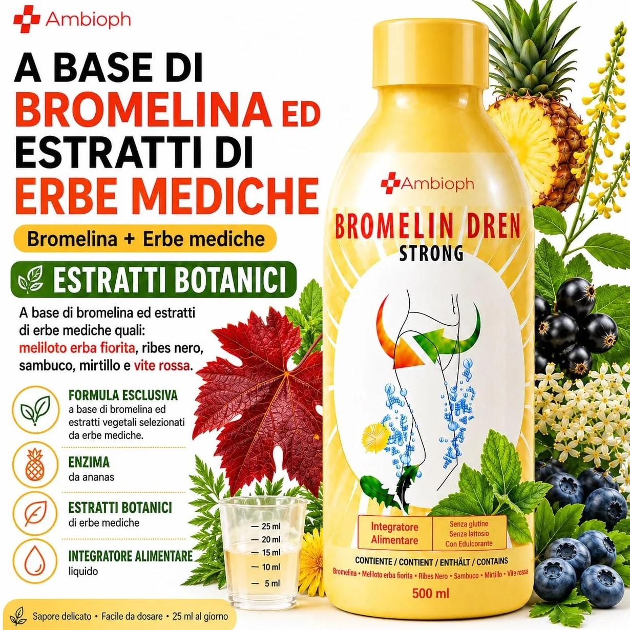 Drenante Forte Ultra Concentrato con Bromelina Linfatico Anticellulite 500 Ml