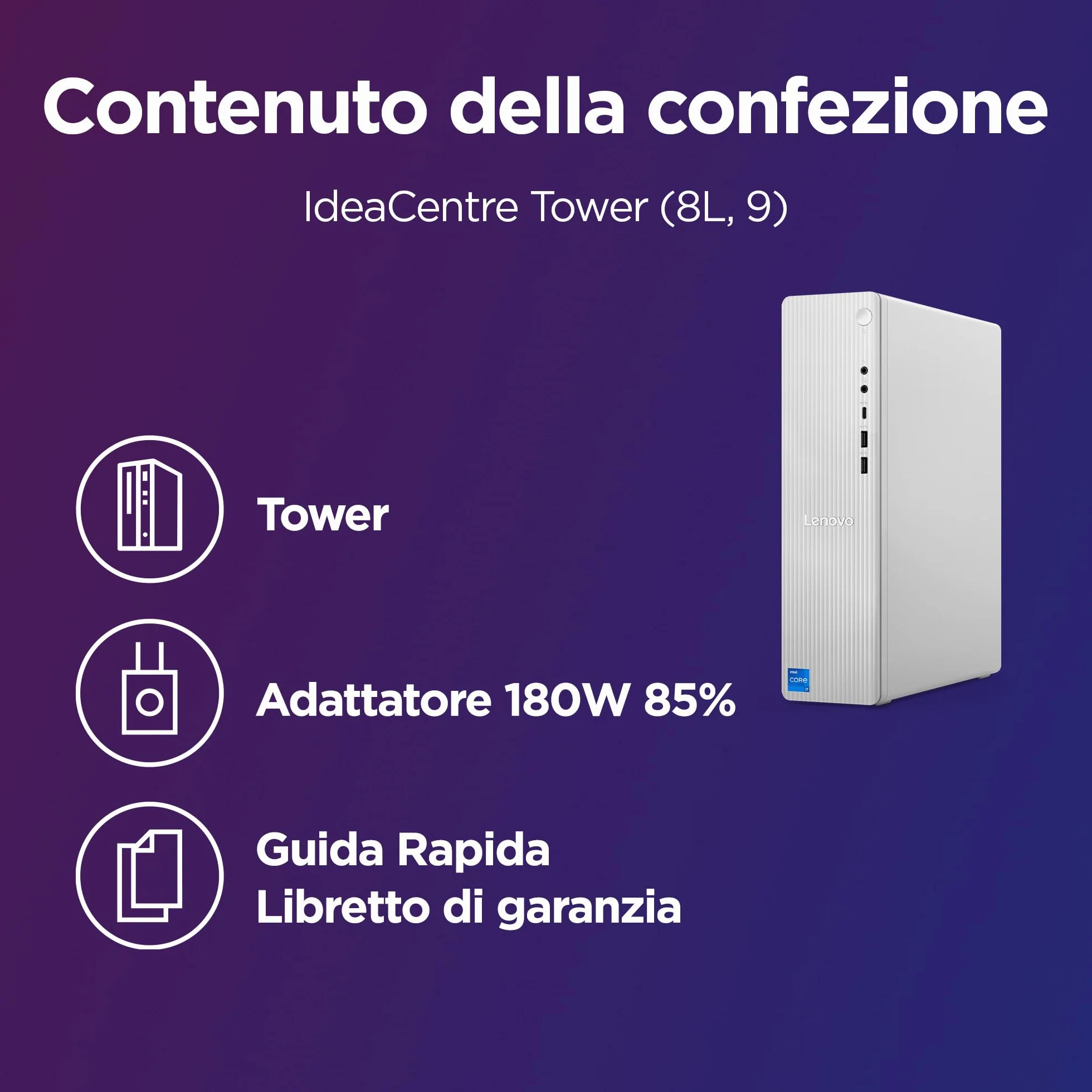 Lenovo IdeaCentre Tower Gen 9 - Desktop, Intel Core i7-13620H, RAM 16GB, SSD 512GB, Wi-Fi 6, BT 5.2, Windows 11 Home, Mouse e Tastiera USB inclusi - Cloud Grey
