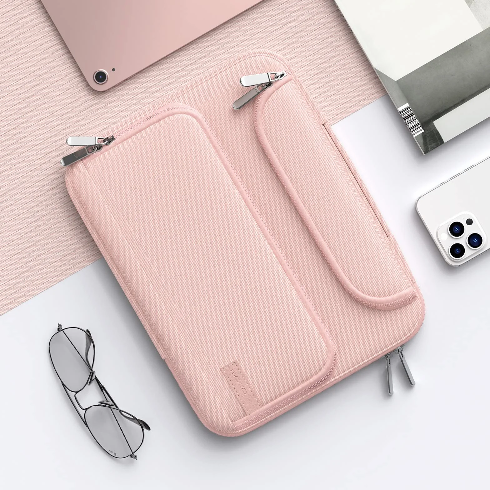 MoKo 9-11" Custodia Protettiva per Tablet con Manico, Compatibile con iPad 10a/Air 5 10.9, iPad PRO 11 M2, 9/8/7a Gen 10.2, Galaxy Tab S9/S8 11 2023, Borsa per Tablet con Tasche Multiple, Rosa