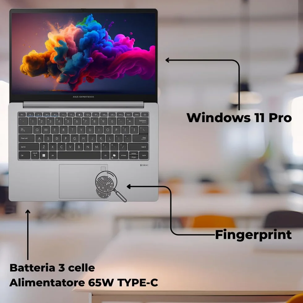 Asus Expertbook P1 Pc Portatile, Notebook Intel Core 5 210H, 16GB RAM DDR5, 512GB SSD, Display 14" FHD Antiriflesso, USB-C Gen2, Gigabit LAN, Wi-Fi 6, Bluetooth 5.4, Fingerprint, 24 Mesi Garanzia, W11