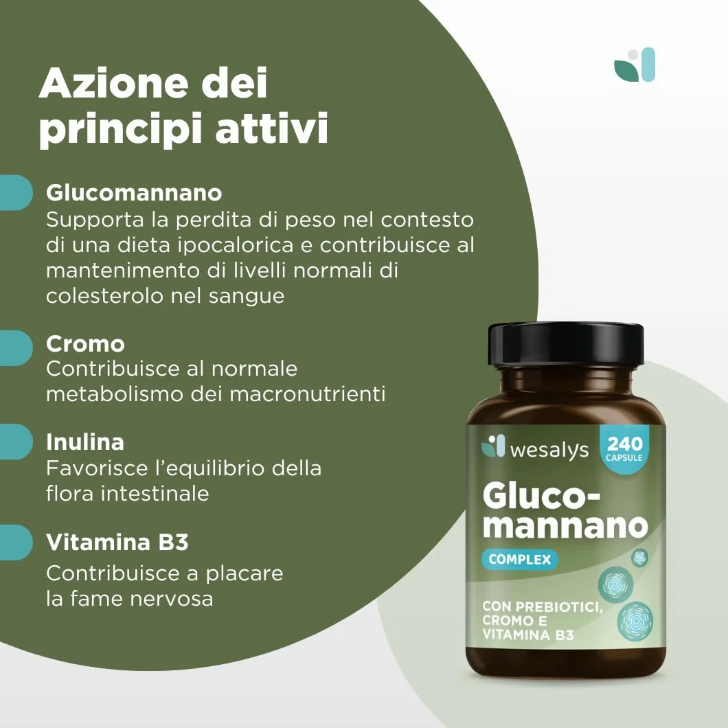 Wesalys Glucomannano Forte 4.200 mg 240 Capsule Integratore Ad Alto Dosaggio con Cromo Vitamina B3 Prebiotici