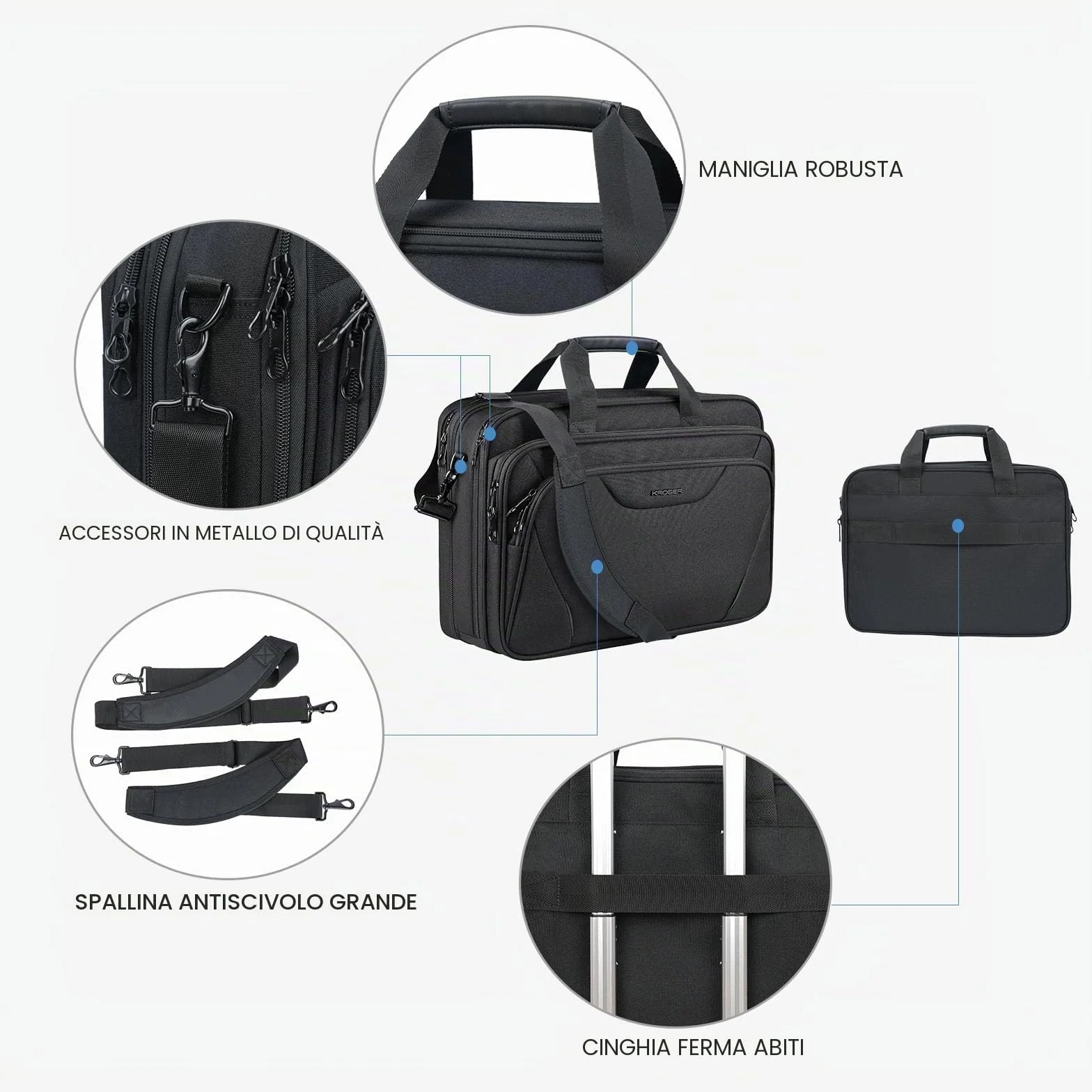 KROSER Borsa per Laptop Cartella per Laptop Premium Adatto per Laptop fino a 17,3 Pollici Borsa a Tracolla Espandibile a Tracolla Borsa per Computer per Viaggi/Affari/Scuola/Uomini/Donne-Nero