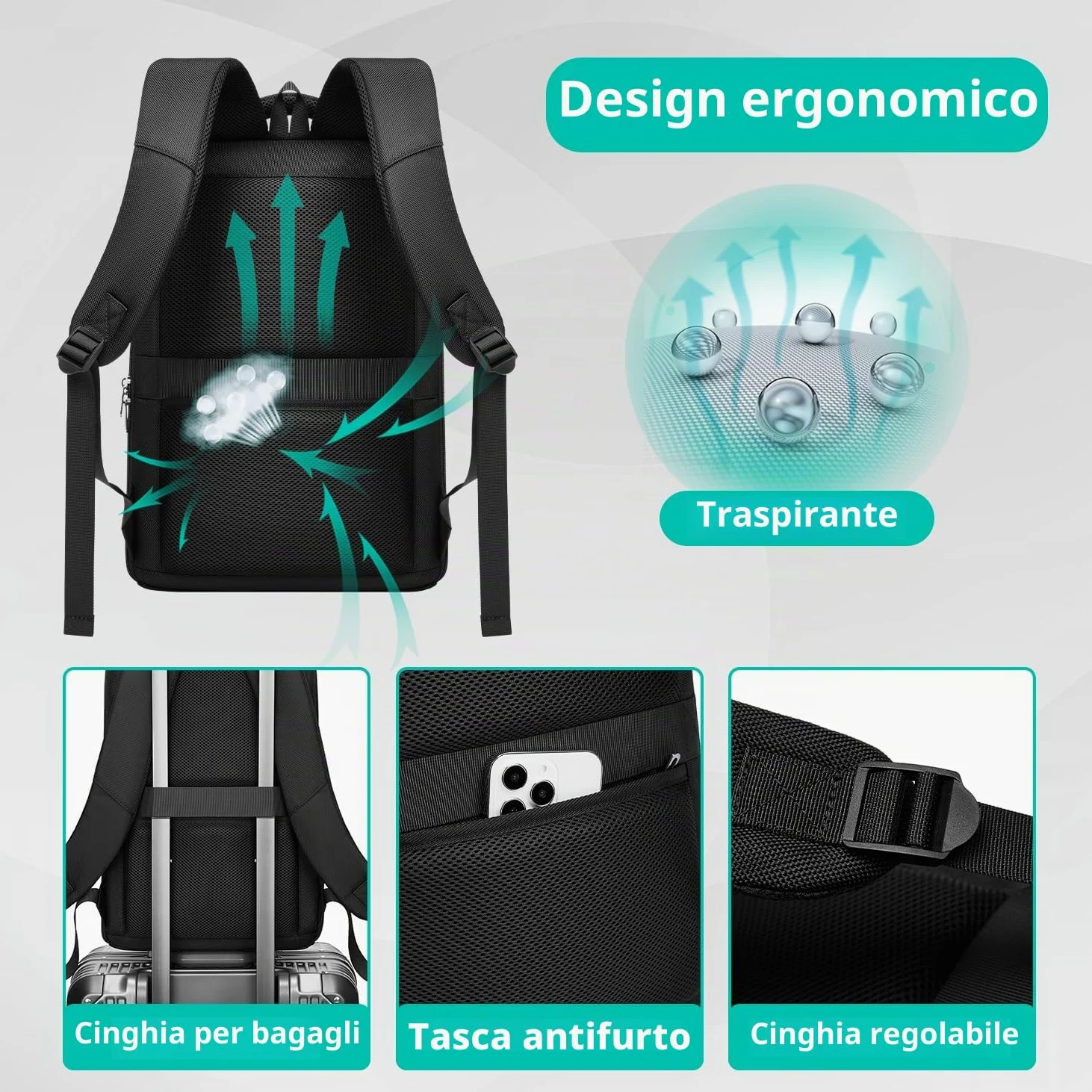 Zaino Porta PC 15.6 Pollici Uomo Donna Lavoro Impermeabile Antifurto con Porta USB per Uffico Università Scuola Viaggio Business-Nero