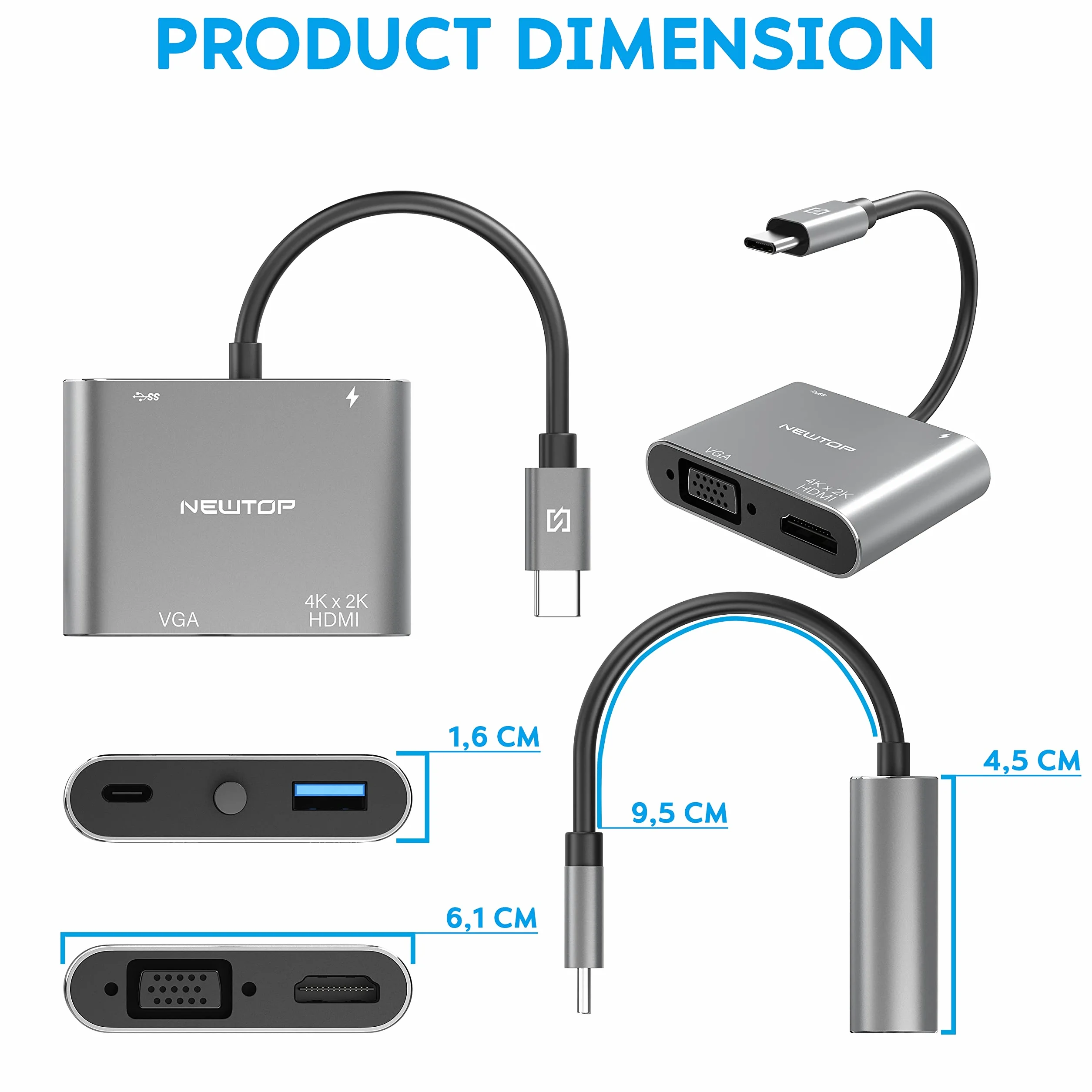 N NEWTOP Adattatore 4in1 HUB AD29 da Type-C Maschio a Femmina USB C HDMI 4K HD 2K VGA USB 3.0 Cavo Carica PD OTG Convertitore Video Audio Dati per Notebook Smartphone Console Laptop