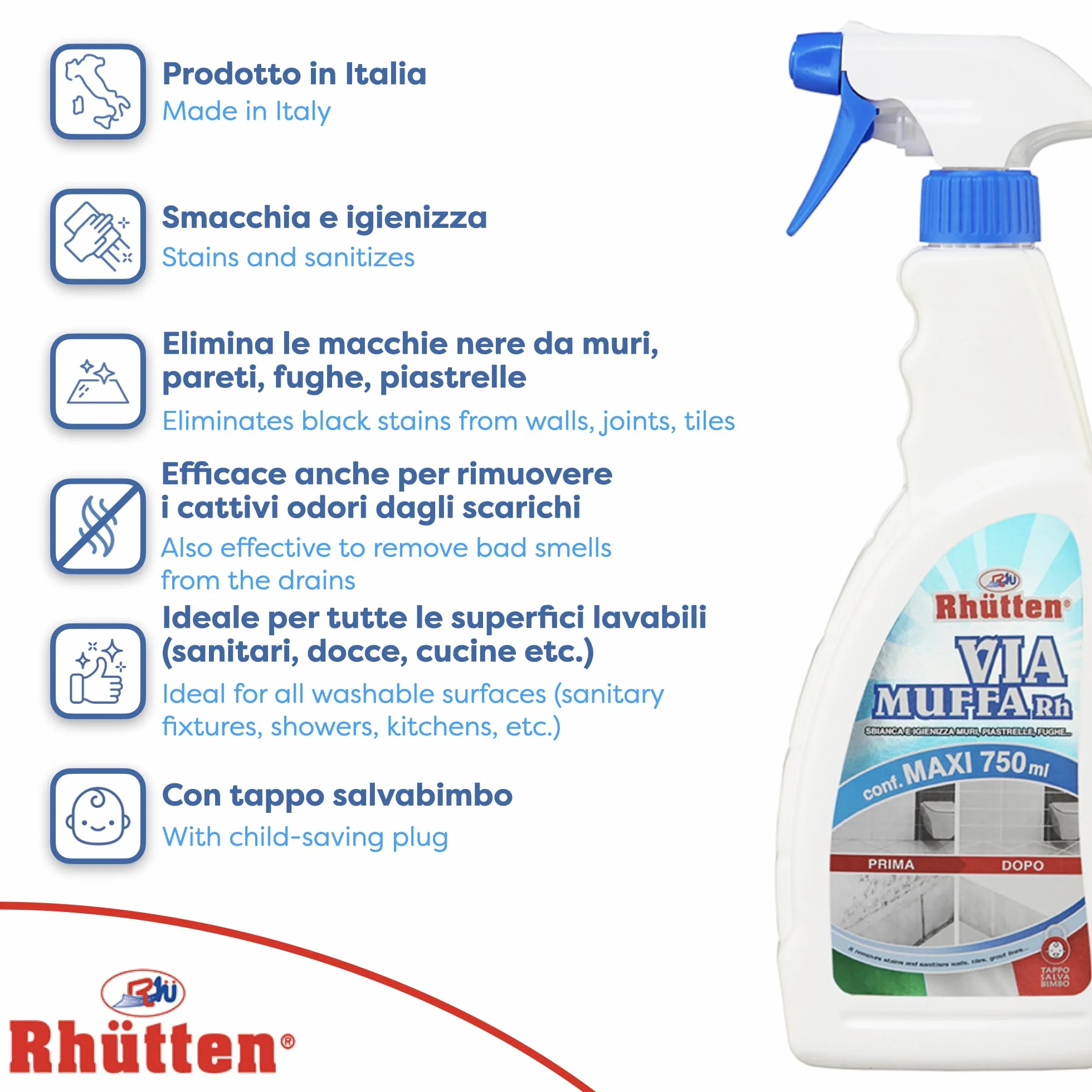 Via Muffa Rh Sbiancante Igienizzante Pareti Guarnizioni Sanitari Fughe Piastrelle 750ml