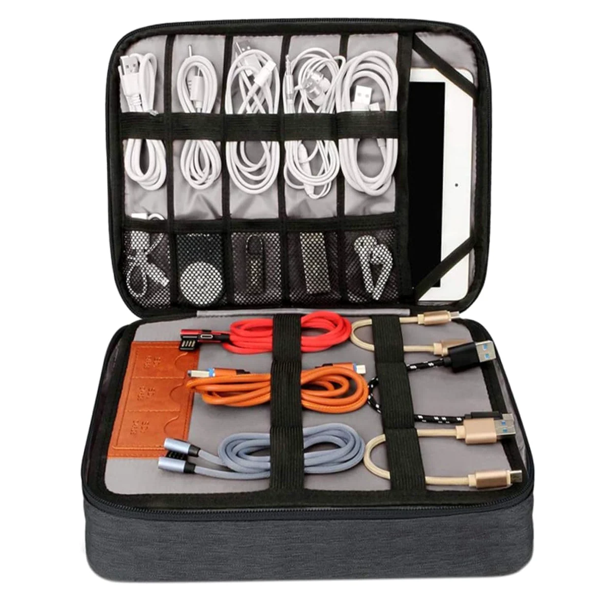 POPETPOP Borsa Organizer Cavi Elettronici Doppio Grande Capacità con Tasche per Telefoni e Tablet Fino Custodia Leggera da Viaggio con Manico Adatta per Accessori Digitali e Caricatori