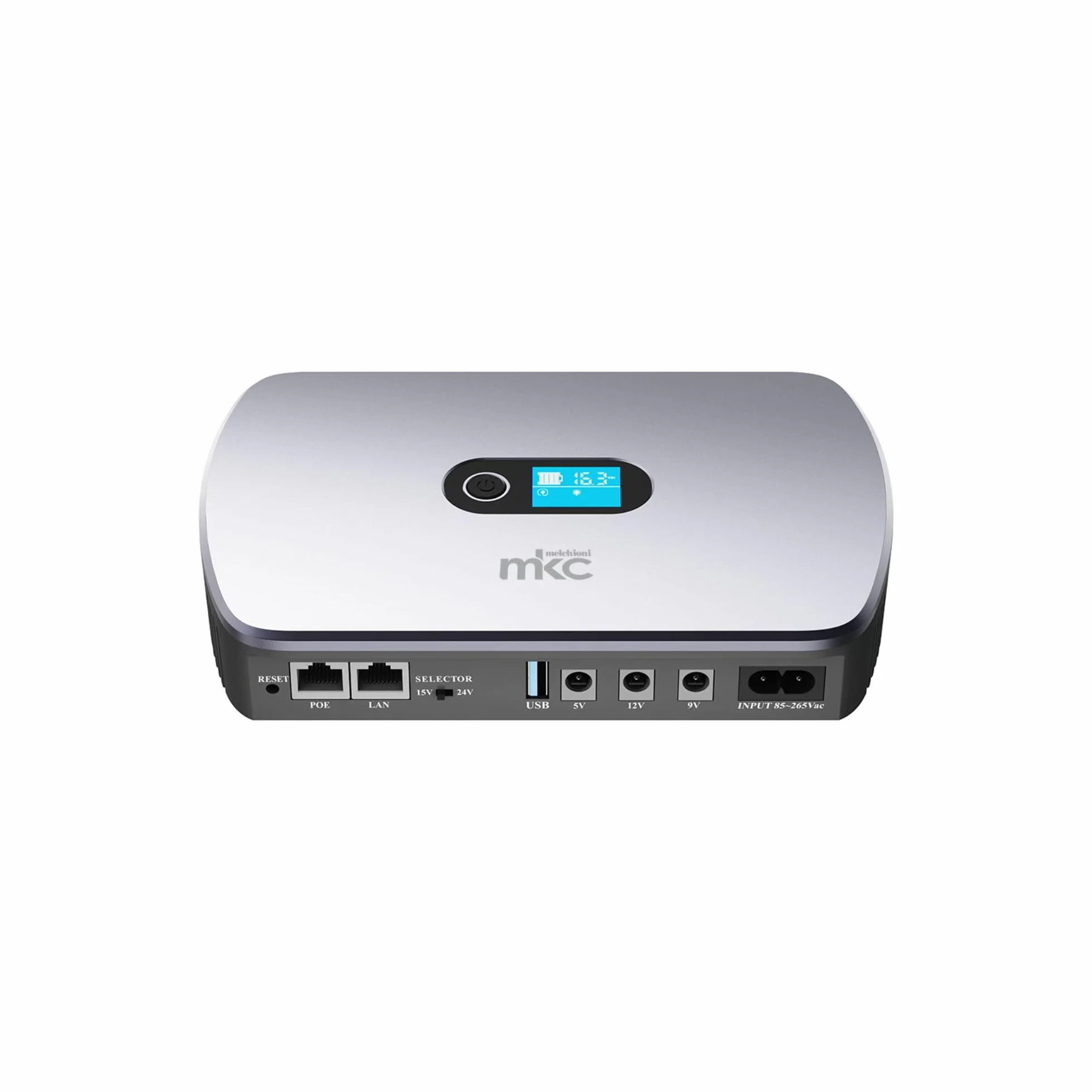Melchioni Mini UPS MK-8800 con display LCD e uscite multiple per router e smart, 8800mAh (32Wh) Gruppo di Continuità 12V/2A con USB 5V/3,6A e PoE
