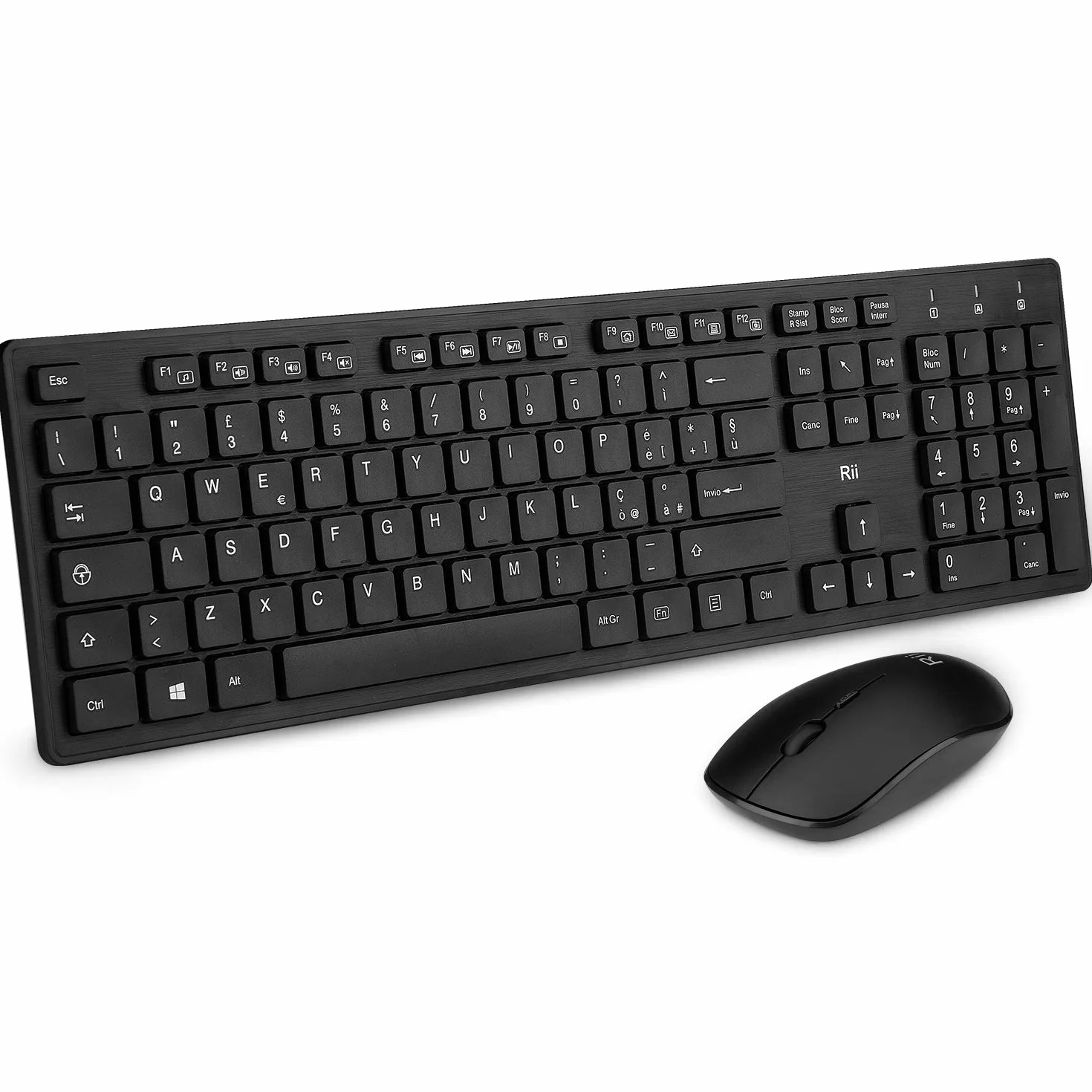 Rii RK200 Wireless - Set Tastiera e Mouse Senza Fili, Tastiera silenziosa con tastierino numerico, Mouse con sensibilità Regolabile, Design Elegante e Minimalista