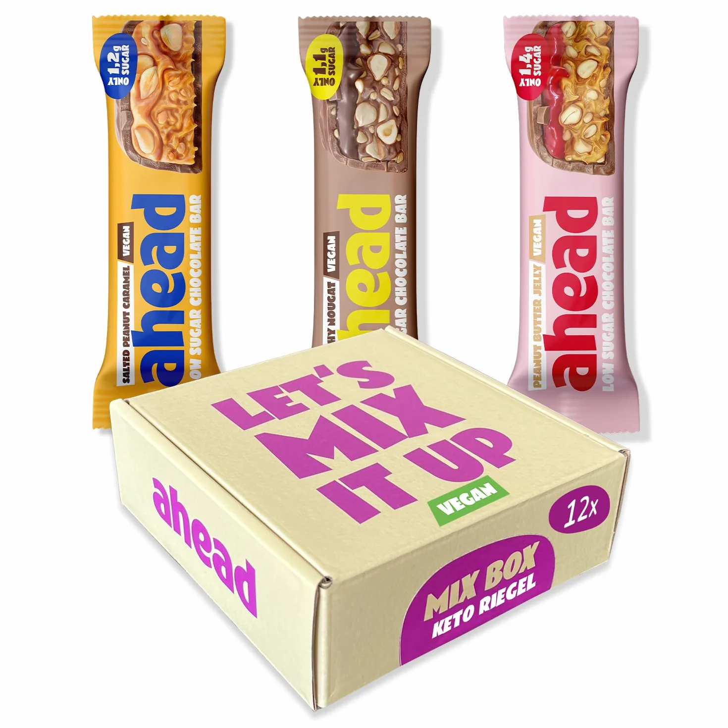 AHEAD Keto Bar Pacchetto Degustazione Vegano 12 x Barrette chetogeniche senza zucchero 1,7g zucchero 5g carboidrati netti