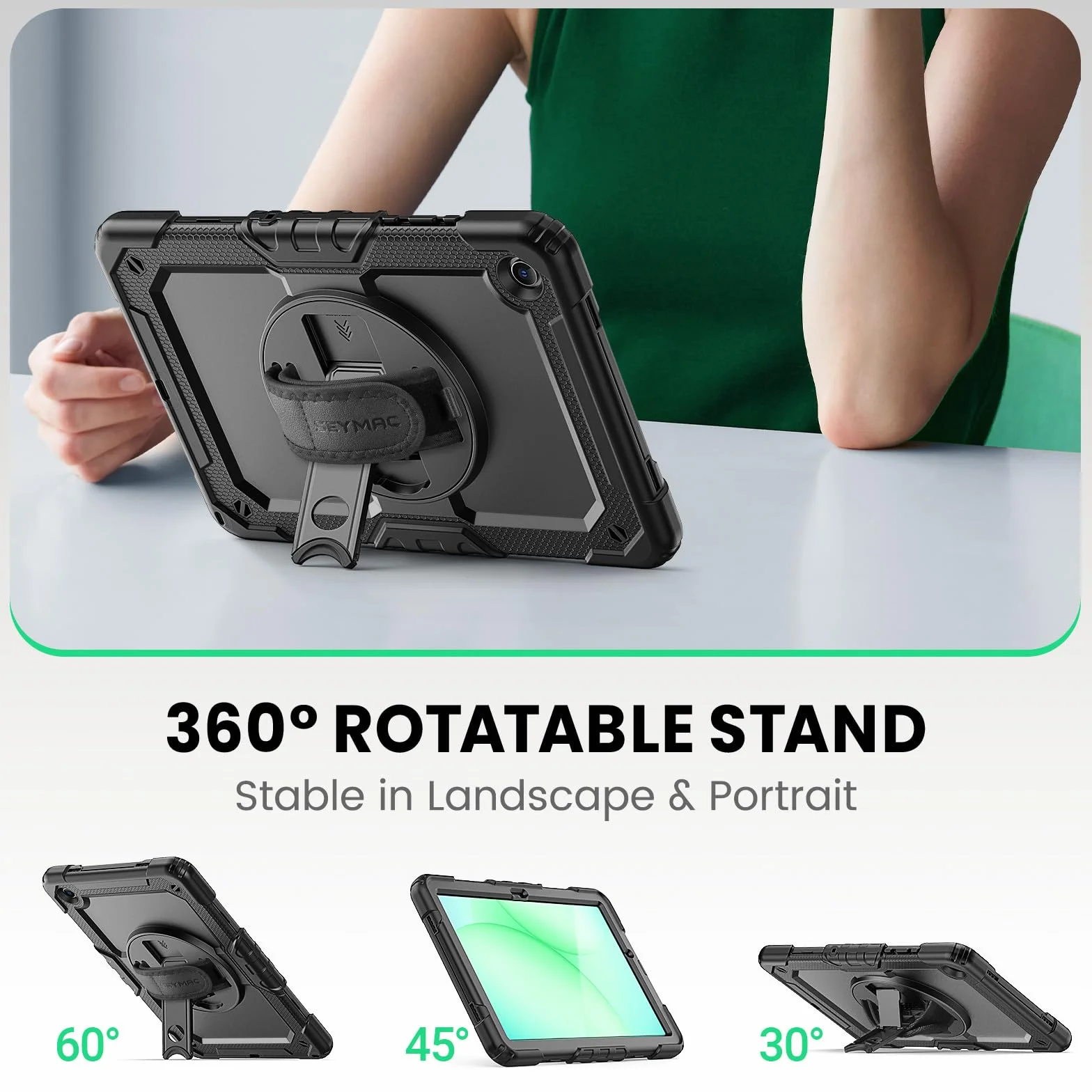 Seymac Custodia Samsung Galaxy Tab A11+ Plus 11" 2025 SM-X230/X235/X236 Antishock Protezione Schermo Supporto Girevole 360° Cinghia Mano Spalla Portastilo Nero