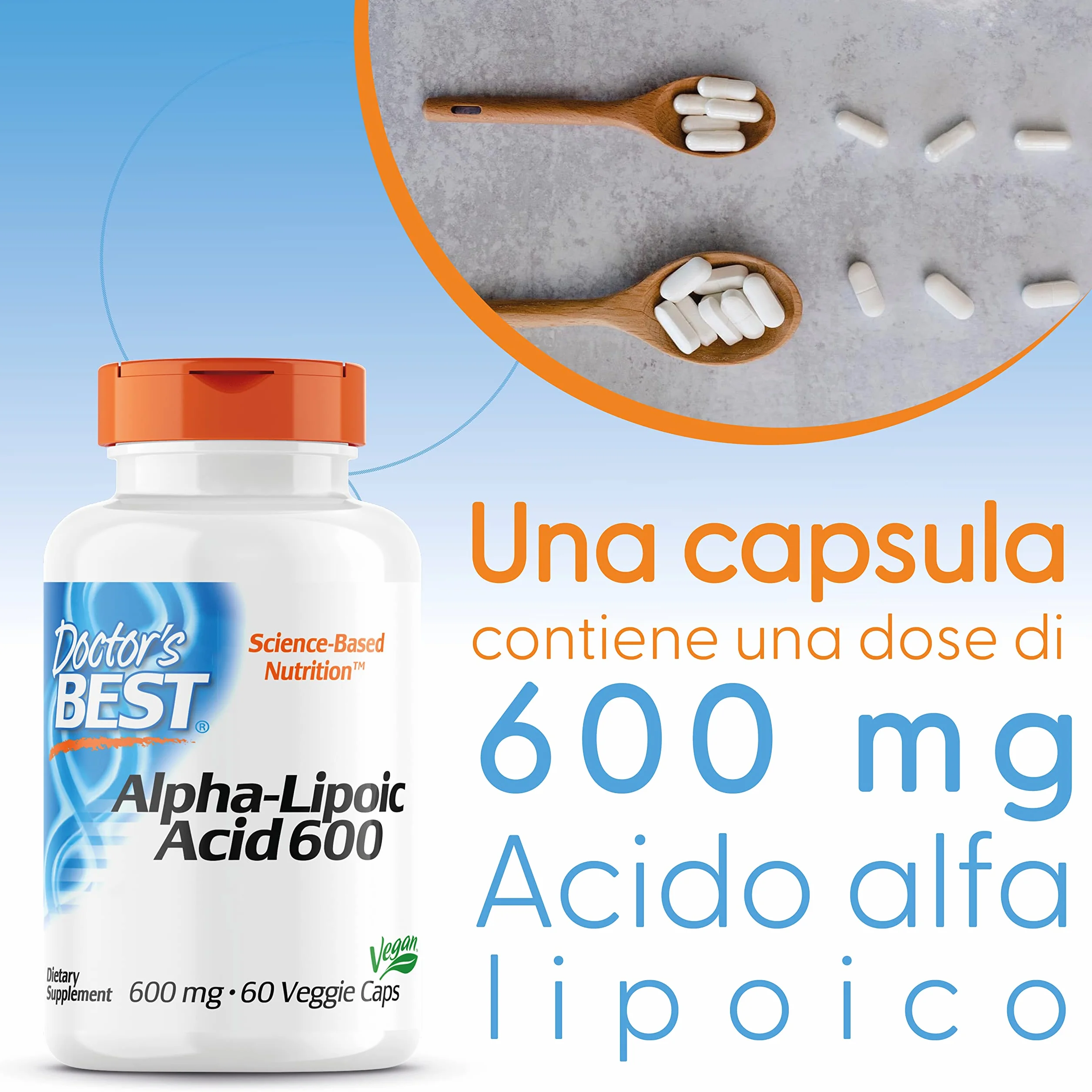 Doctor's Best Alpha-Lipoic Acid 600mg Depot 60 Capsule vegan non OGM Senza Glutine