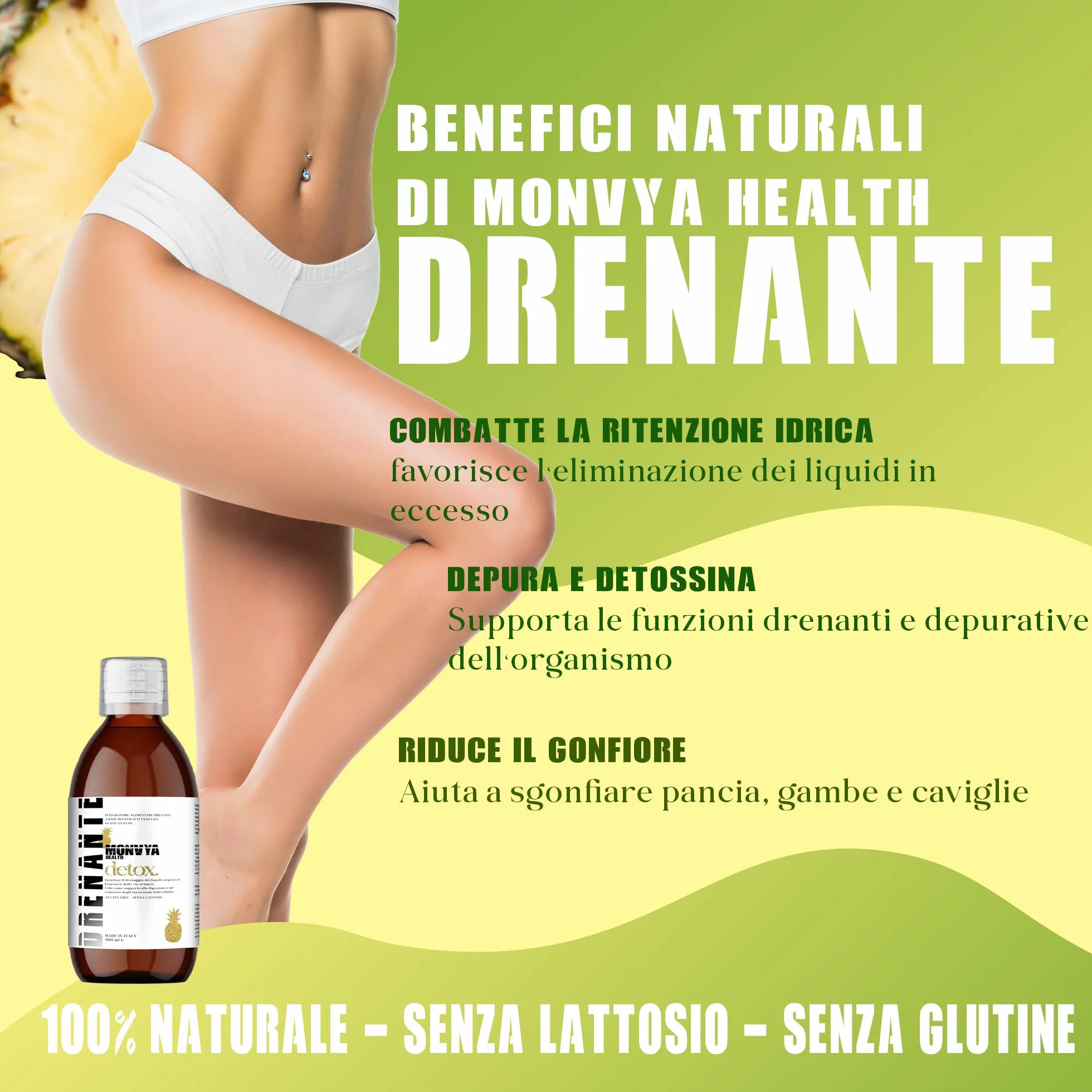 Monvya Health Drenante Forte con Bromelina 500ml Detox Cellulite Digestivo Gambe Leggere