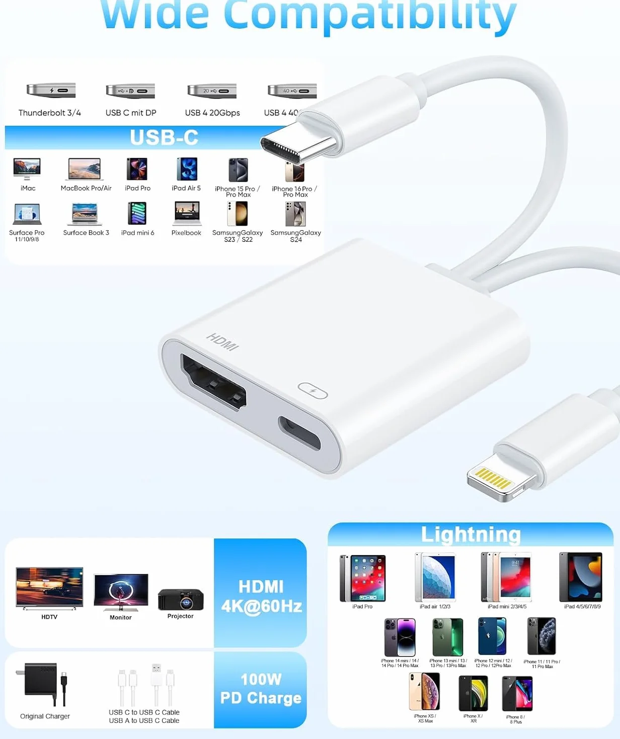 Adattatore USB-C e Lightning a HDMI per iPhone iPad a TV [2026 Nuovo, MFi Certificato], 2 in 1 4K@60 Hz Sincronizzazione Apple Lightning a Adattatore AV Digitale per MacBook, iPhone16/15