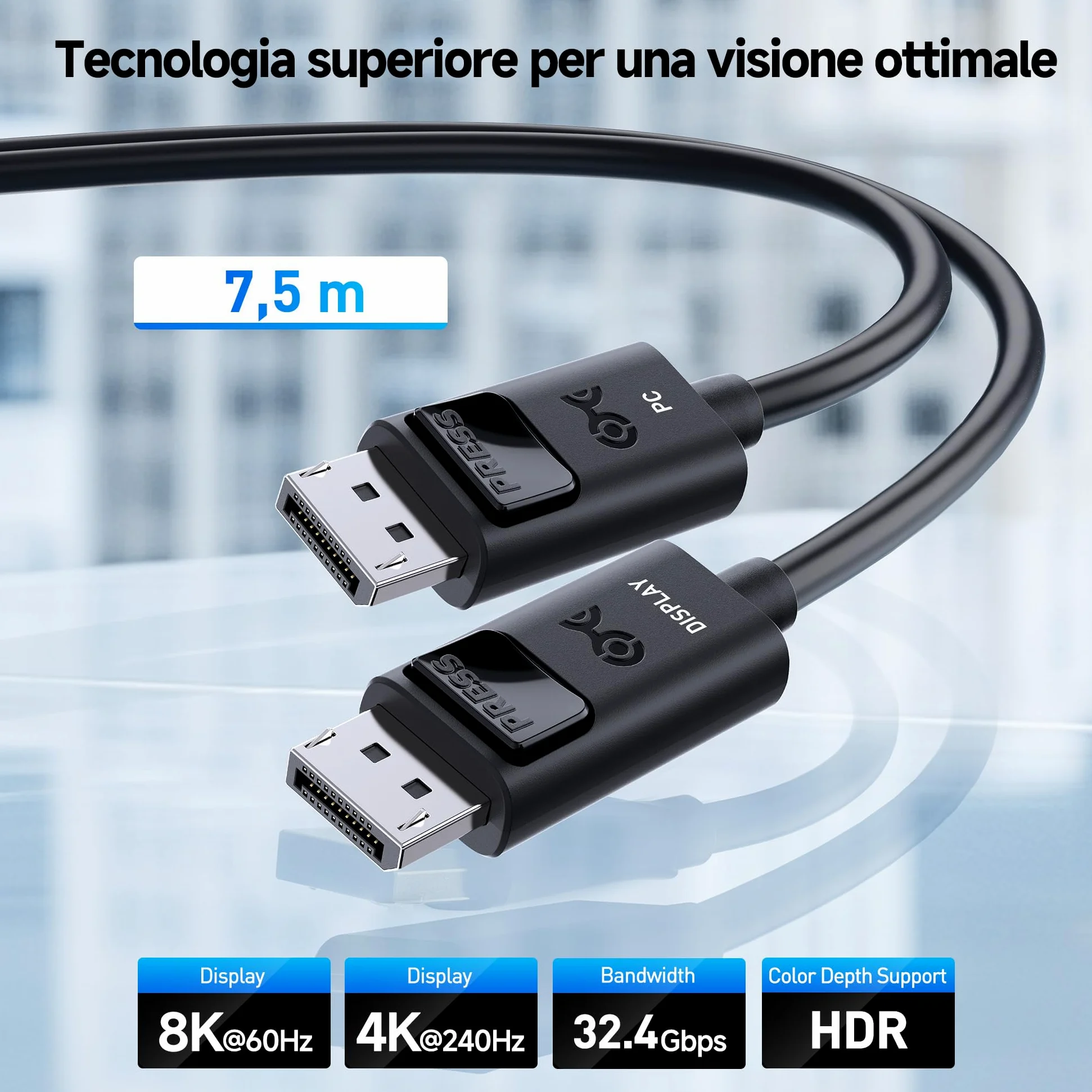 Cable Matters Cavo DisplayPort attivo unidirezionale video e HDR, 7,5 m | 8K@60Hz, 4K@144Hz, HDR, Monitor gaming, PC, GPU RTX/RX e cavo DisplayPort per monitor