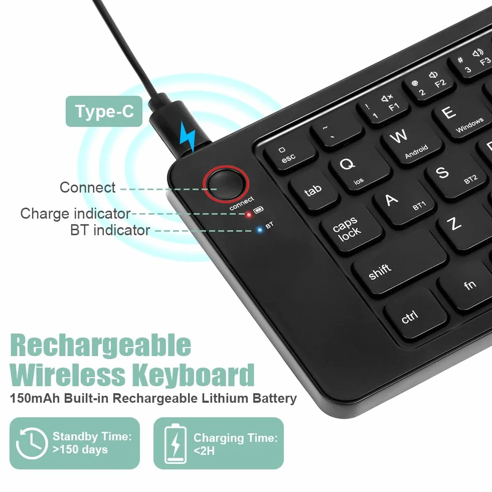Aolso Tastiera Bluetooth Pieghevole, Tastiera Wireless Leggera, Triplo Pairing, Tastieras Portatile Ricaricabile per Smartphone/Tablet/PC/iPad/iPhone, Sistema Windows, iOS, Android-Nero