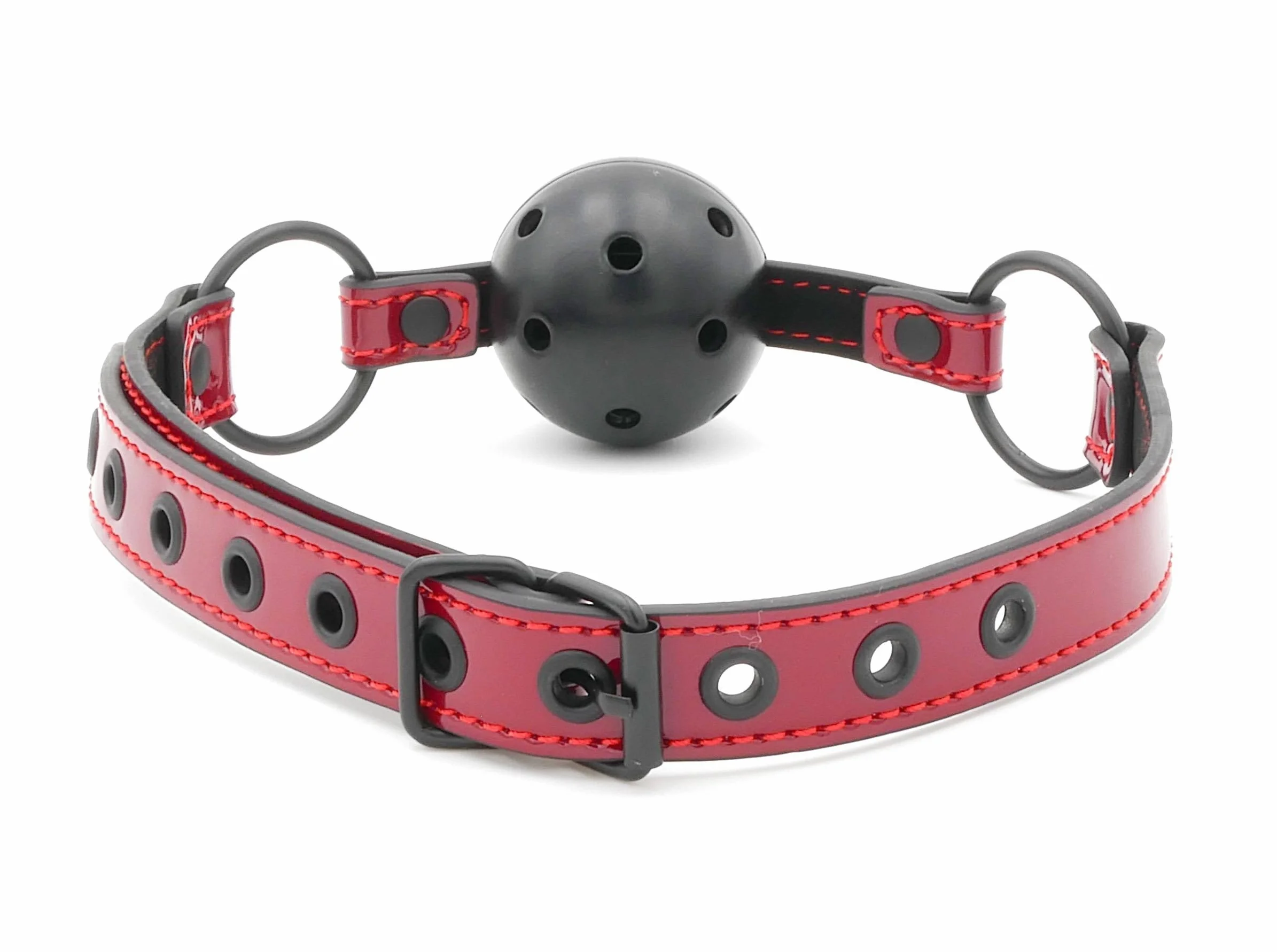 BONDAGERIE® Gàgbàll nero traspirante con fori cinturino bordeaux