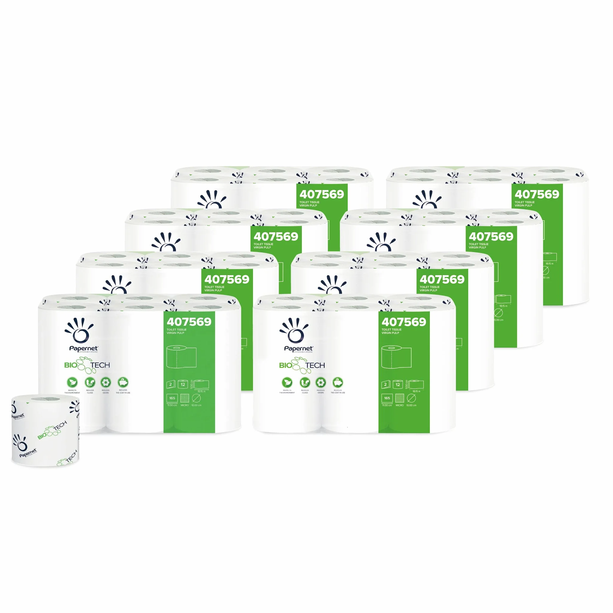 Papernet Bio Tech Carta Igienica 8 Confezioni x 12 Rotoli Pura Cellulosa 2 Veli 18,15m