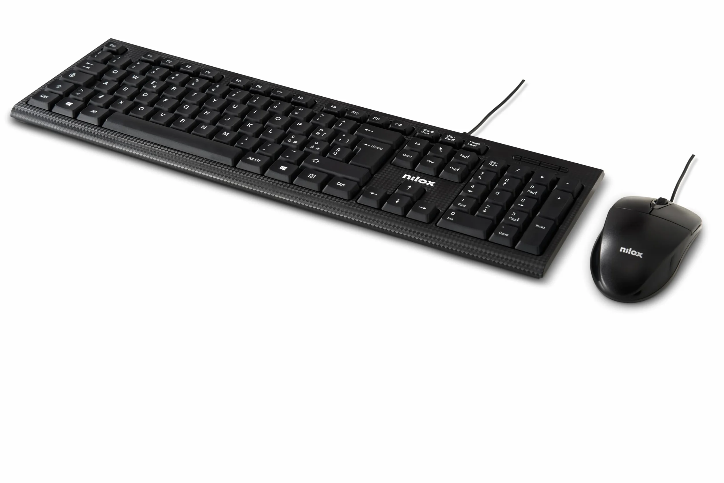 Nilox NXKMIT0011, Kit Tastiera e Mouse USB, Tastiera con Layout Italiano, Mouse con Sensore Ottico da 1600 DPI, Compatibile con Windows, Linux e Mac