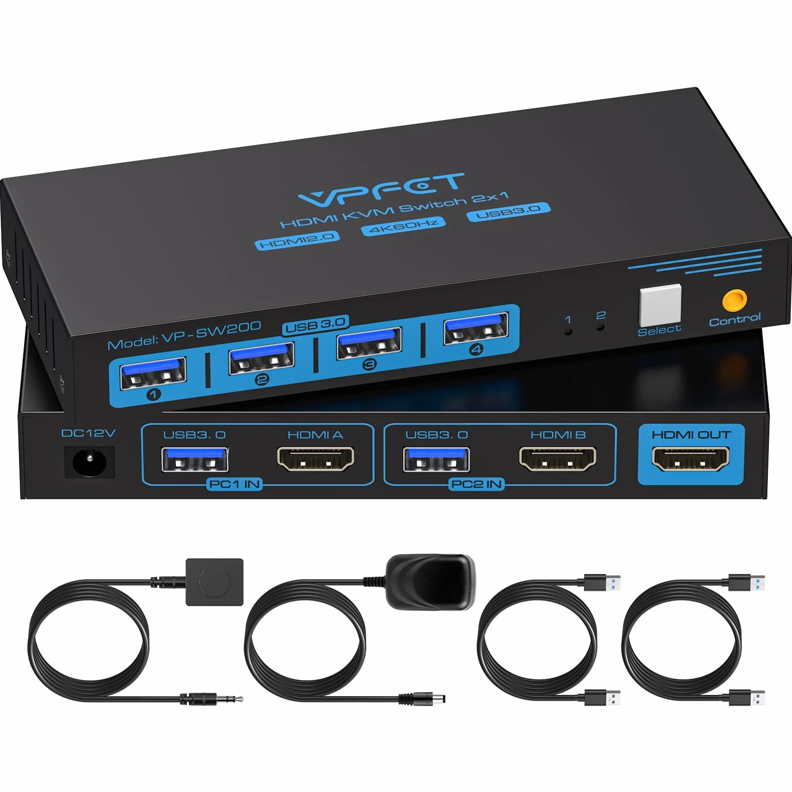 KVM Switch HDMI 2 PC 1 Monitor 4K@60Hz, USB 3.0 Commutatore KVM, Doppio PC Condividi 1 Schermi e 4 USB Tastiera, Mouse, Stampante, Chiavetta USB, Inclusi Alimentatore e Controller Desktop