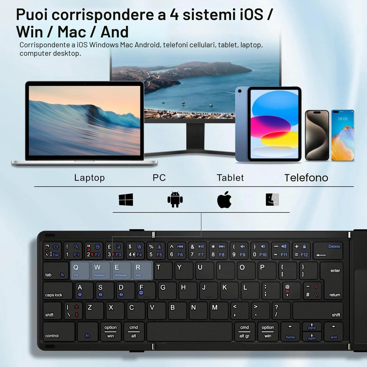 Tastiera Bluetooth pieghevole con touchpad, collega quattro dispositivi, connessione Bluetooth + cavo USB, QWERTZ tedesco con trackpad, per iOS, Android, Windows, laptop, PC
