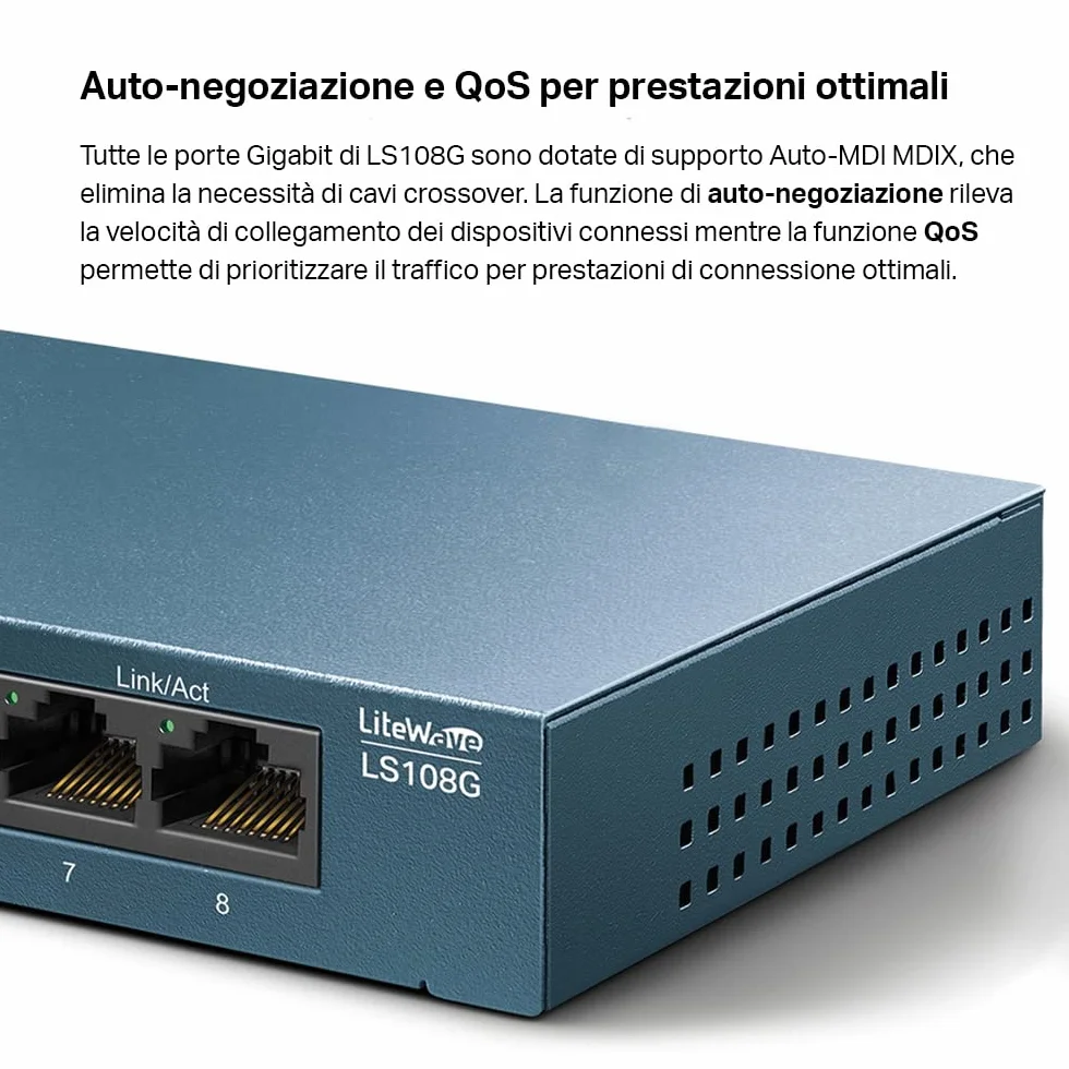 TP-Link LS108G Switch Ethernet 8 Porte Gigabit, Sdoppiatore Ethernet, Struttura in Metallo, 802.1p/DSCP QoS, Ideale per la Casa e il Ufficio, Plug & Play, Funzionamento Silenzioso, Montaggio Desktop