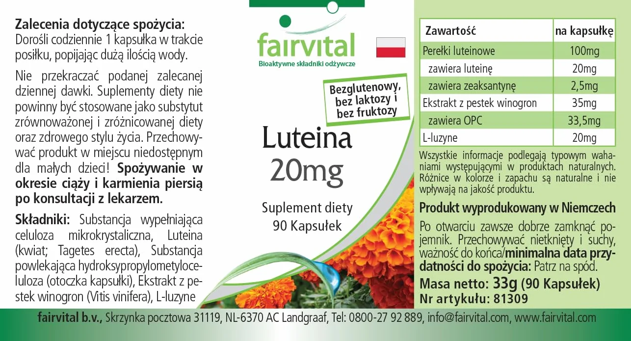 Fairvital Luteina 20 mg + Zeaxantina, 90 capsule, vegane, senza stearato di magnesio