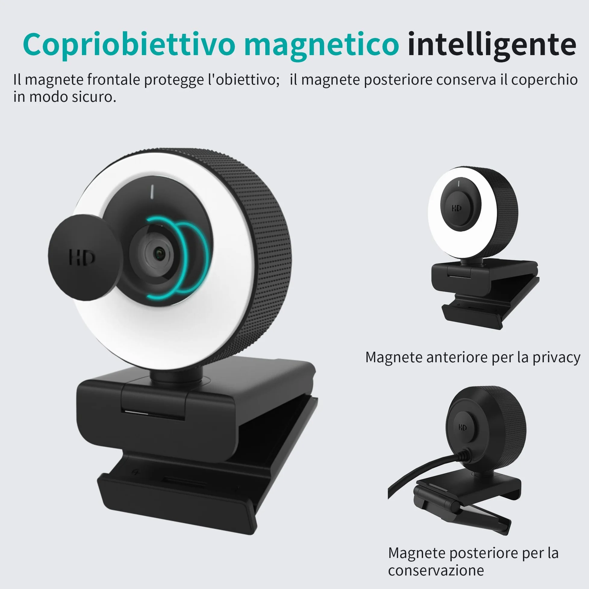 Webcam 1080P 60FPS con Microfono, Ring Light, Autofocus, 3 Modalità di illuminazione con Dimmerazione Continua per Videoconferenze su PC, Mac, Laptop e Tablet