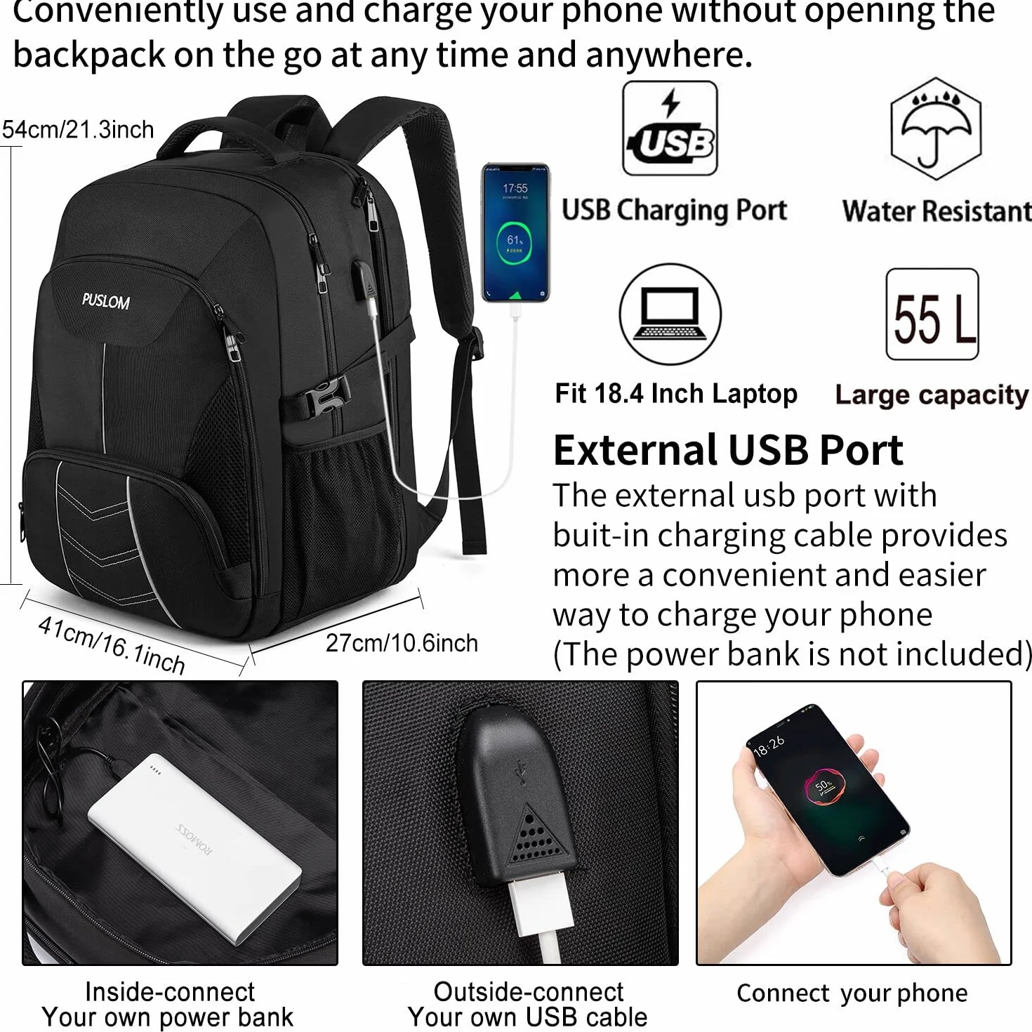 Zaino Uomo Grande 55L 18.4 Pollici con Caricatore USB Lavoro Impermeabile Laptop Computer PC Portatili per Viaggio Ufficio Scuola,Nero